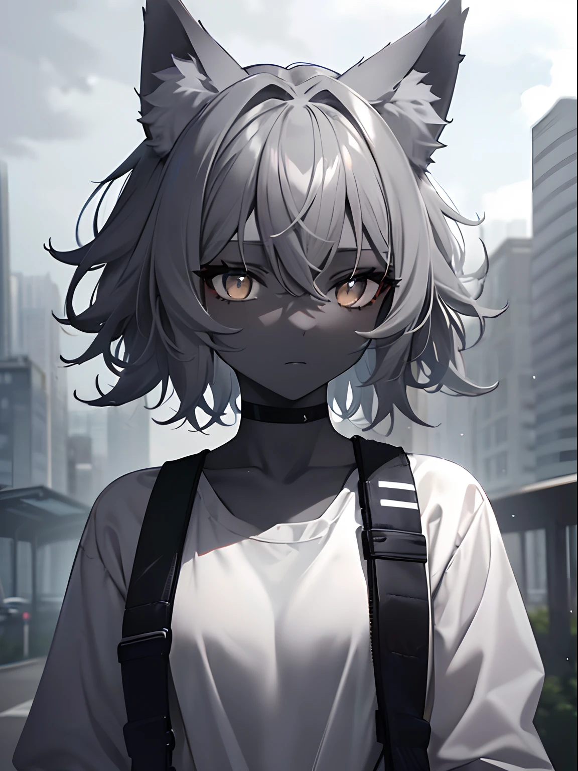 (masterpiece,best quality,ultra-detailed),1girl,black hair,dark gray hair,short hair,messy hair,(((coloured skin, grey skin))),small chest, sportswear,,((grey theme)),((pastel colours theme)),wolf ears,in a park,cloudy