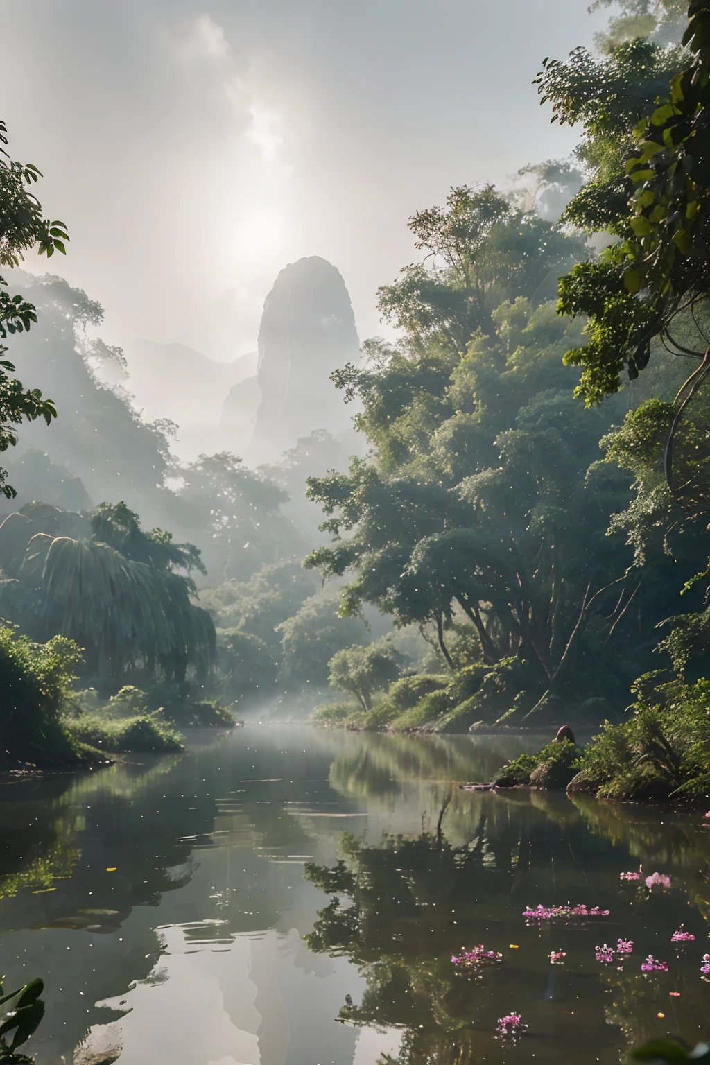 a river in the fog, mystical forest lagoon, dreamy scene, indonesia national geographic, in a serene landscape, mystical scene, mystical lake, jungles of vietnam beautiful, mystical setting, beautiful environment, serene environment, early morning light, stunning atmosphere, the morning river, enchanting and otherworldly, lost in a dreamy fairy landscape, a lot of flowers