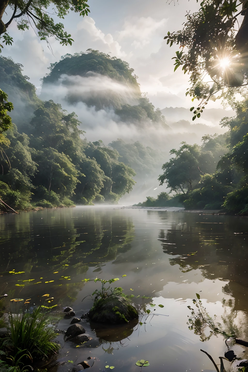 a river in the fog, mystical forest lagoon, dreamy scene, indonesia national geographic, in a serene landscape, mystical scene, mystical lake, jungles of vietnam beautiful, mystical setting, beautiful environment, serene environment, early morning light, stunning atmosphere, the morning river, enchanting and otherworldly, lost in a dreamy fairy landscape, a lot of flowers