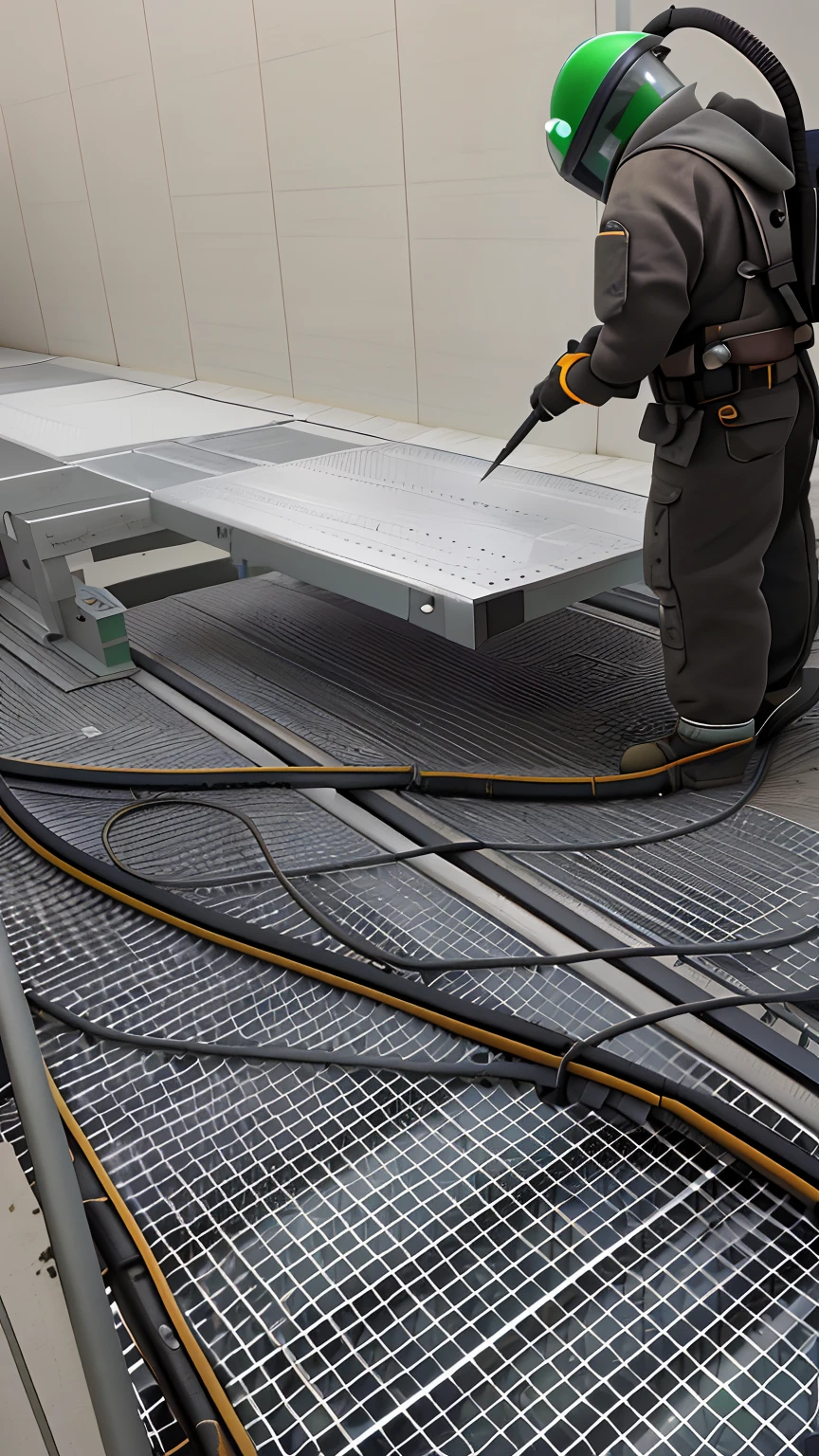 Worker in protective suit and green helmet working on a metal surface, Steel plating, Panels, tredning on art station, Chapeamento, 4 0 9 6, metal floor, Super Detalhe, metal perfurado, metal panels, Detalhes Limpos, advertisement, composto, maintenance photo, plataforma, maintenance, high level of detail, laquer and steel, aluminium