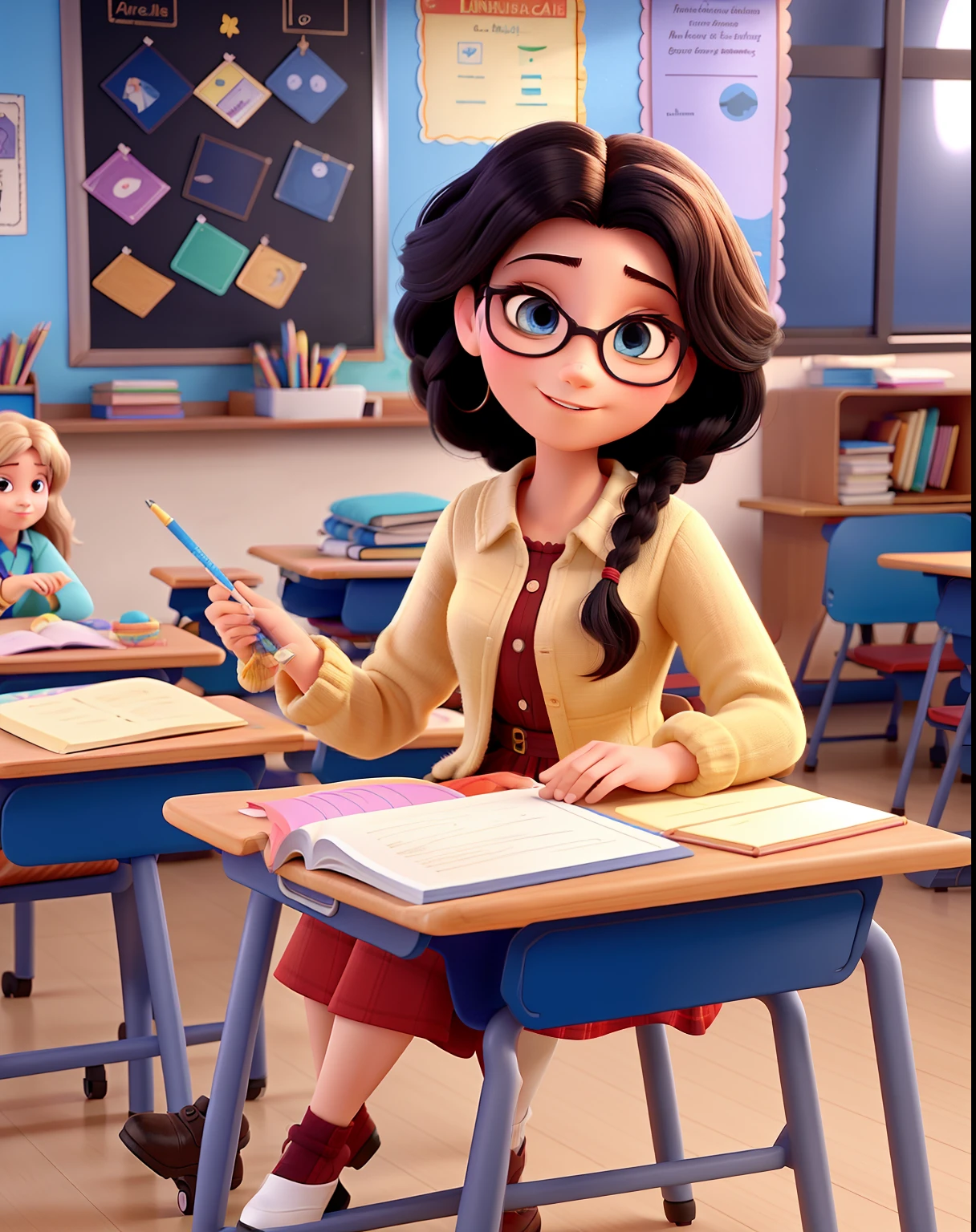 Mulher branca com cabelo longo louro estilo pixar, 40 years old and in a classroom with students teaching visual arts