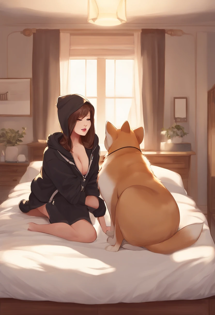 shiba inu, fur, black hoodie, domestic dog, boobs, tits showing, siting on bed (legs hanging off the bed), legs spread open, blep, smug face, smug look on face, smug face, pussy showing, pussy dripping, cute, naked, nsfw, anthro, no human, highres