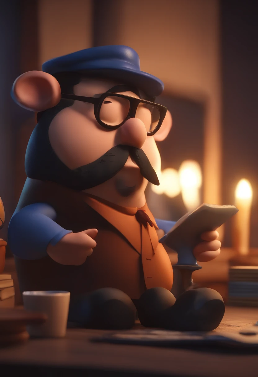 Cartoon character of a man wearing black glasses and a blue shirt, um personagem animado, Caractere estilizado, animation style rendering, 3D estilizado, Arnold Maya render, 3 d render stylized, toon render keyshot, Personagem 3D, Personagem 3D, 3d rendering stylized, 3 d character render, personagem de desenho animado, Personagem de close up, Pose de personagem, (Estilo Pixar) (master part:1.2) (Bokeh) (best quality) (pele detalhada) (textura detalhada) (8k) (argila) (Cinematic lighting) (foco nítido,Senta e vaza a parte superior do corpo