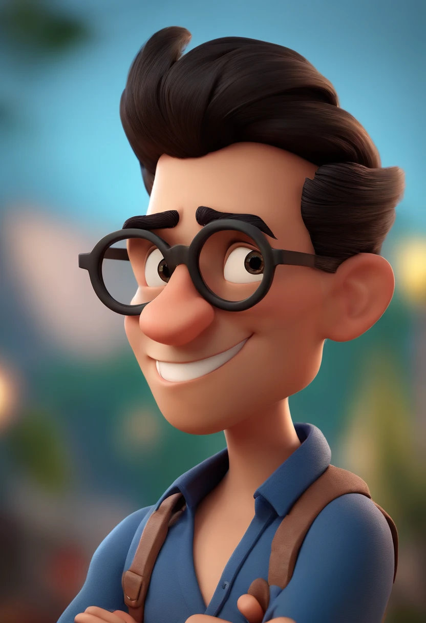 Cartoon character of a man wearing black glasses and a blue shirt, um personagem animado, Caractere estilizado, animation style rendering, 3D estilizado, Arnold Maya render, 3 d render stylized, toon render keyshot, Personagem 3D, Personagem 3D, 3d rendering stylized, 3 d character render, personagem de desenho animado, Personagem de close up, Pose de personagem, (Estilo Pixar) (master part:1.2) (Bokeh) (best quality) (pele detalhada) (textura detalhada) (8k) (argila) (Cinematic lighting) (foco nítido,Senta e vaza a parte superior do corpo