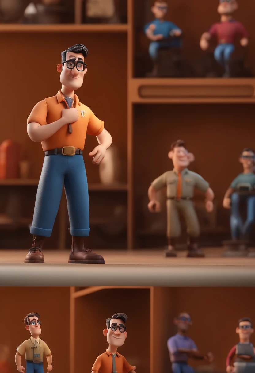 Cartoon character of a man with black glasses and a blue shirt, animation character, Caractere estilizado, animation style rendering, 3D estilizado, Arnold Maya render, 3 d render stylized, toon render keyshot, Personagem 3D, Personagem 3D, 3d rendering stylized, 3 d character render, personagem de desenho animado, Personagem de close up, Pose de personagem, (Estilo Pixar) (master part:1.2) (Bokeh) (best quality) (pele detalhada) (textura detalhada) (8k) (argila) (Cinematic lighting) (foco nítido