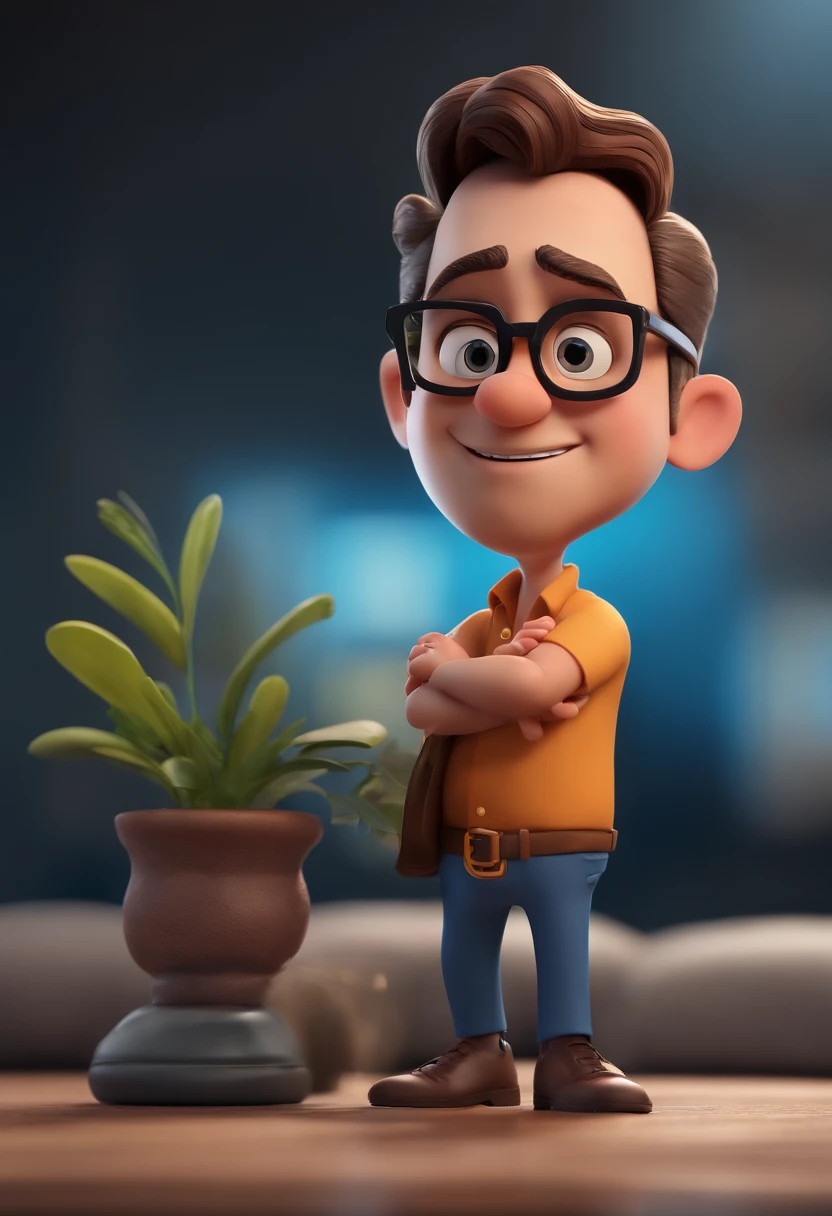 Cartoon character of a man with black glasses and a blue shirt, animation character, Caractere estilizado, animation style rendering, 3D estilizado, Arnold Maya render, 3 d render stylized, toon render keyshot, Personagem 3D, Personagem 3D, 3d rendering stylized, 3 d character render, personagem de desenho animado, Personagem de close up, Pose de personagem,  (Estilo Pixar) (master part:1.2) (Bokeh) (best quality) (pele detalhada) (textura detalhada) (8k) (argila) (Cinematic lighting) (foco nítido