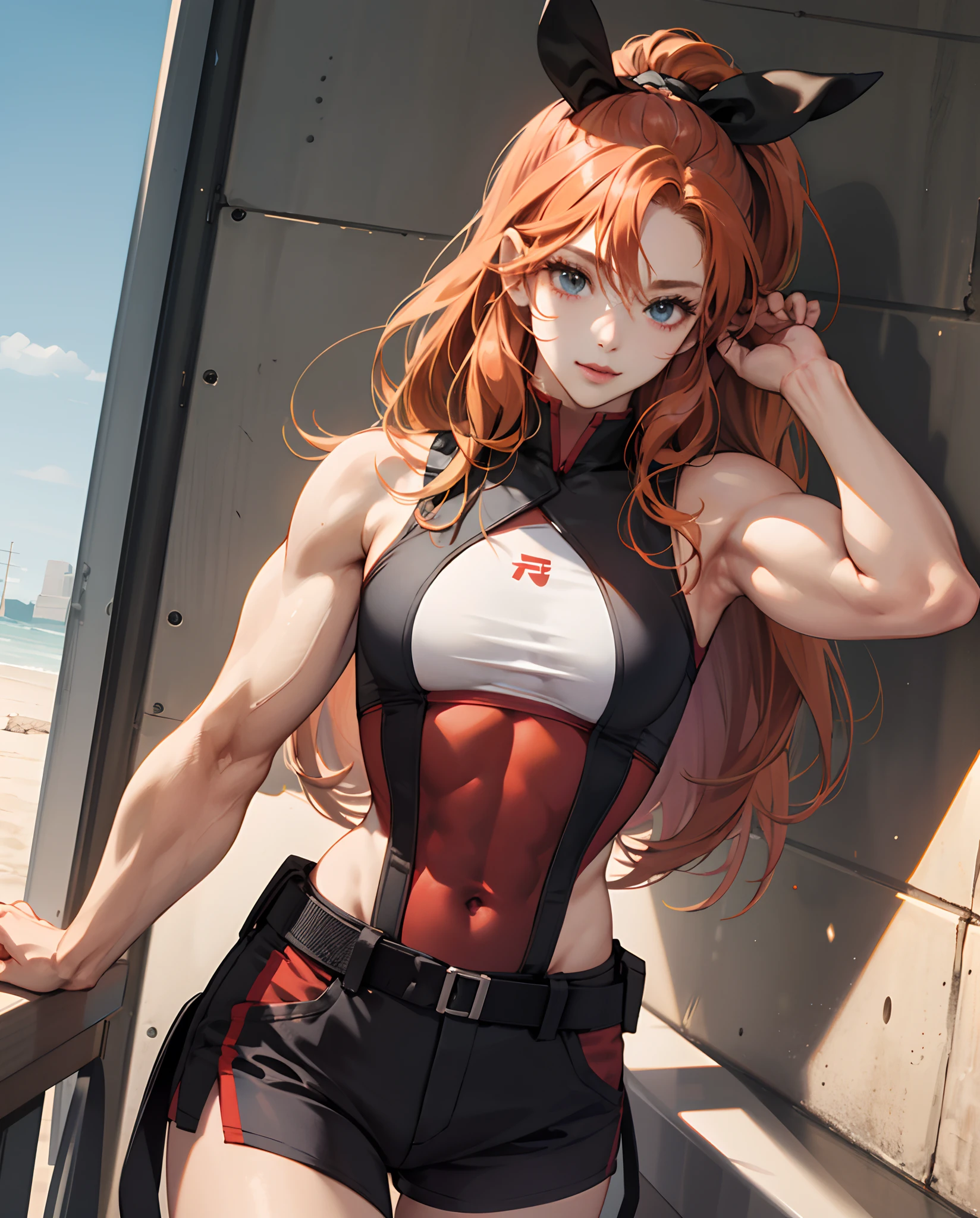 (Muscular:2.2), (thick thighs, wide hips:2.2), (ginger female, bright red hair:2), long hair, bangs, ponytail, braids, adult, (glasses), earrings, eyeshadow, lipstick, bokeh, (freckles:0.9), (upper body view), (striations), (hard nipples:1.2), small breasts, (perky breasts:1.4), choker, (one piece bathing suit:1.8), eight pack abs, (sculped muscles:1.7), (athletic body:1.6), (muscular body:2), (looking at viewer), (seductive smile:1.3), detailed eyes, dark bedroom, (dawn lighting), rim lighting, two tone lighting, dimly lit, clean skin, low key (DETAILED SKIN), (big ass:1)