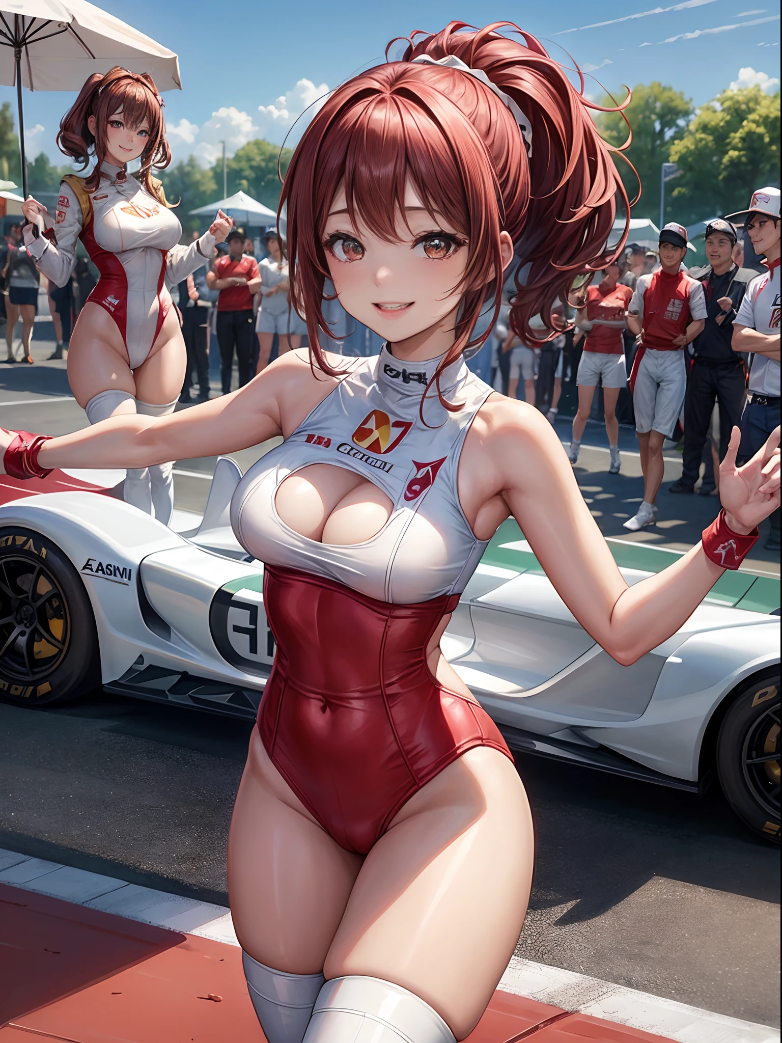 top-quality、Full limbs、complete fingers、1girl、((one beautiful women、独奏))、Beautiful Large Breasts、Medium hair、poneyTail、Race Queen Costume、Woman in red and white leotard with logo、Red arm cover、Tricolor parasol、Woman in long white boots、((F1 Circuit、Formula 1、F1、racing car))、Naughty Poses、A big smile