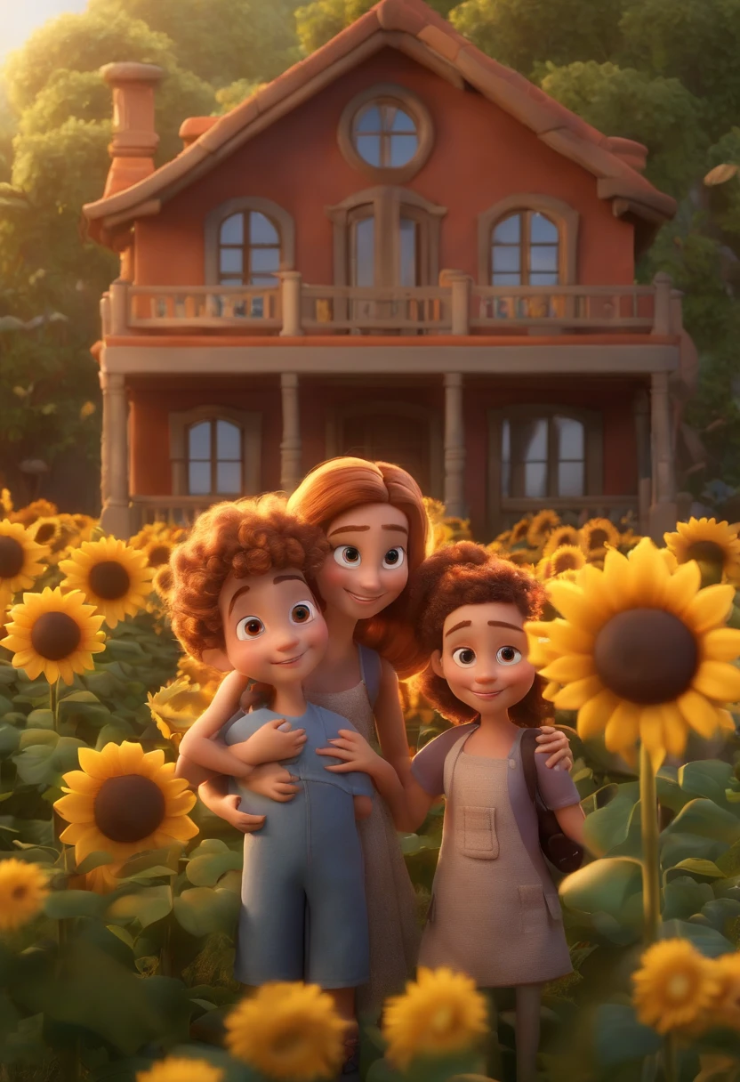 Create a Disney PIXAR-style 3D poster. ((centro da imagem, Triplets)), ((3 children)) ((1 menino no meio e 2 meninas ao lado, They're hugging each other, O menino tem pele castanha e cabelos castanhos escuros e olhos castanhos escuros, 1 menina tem pele clara, olhos e cabelos escuros e cacheados, e a outra menina tem pele morena, olhos escuros e cabelos escuros e lisos)) ((tudo isso no estilo Disney PIXAR 3D, In the background, A house of sunflowers, Gloria Studio, The garden is full of nature 3D render RTX clay material, estilo de design cartunesco, POP Mart, soft lighting, linhas suaves, Spring tilt, Detailed illustrations of PIXAR 3D, Detalhes hiper-realistas, cor quente no estilo Disney PIXAR 3D))