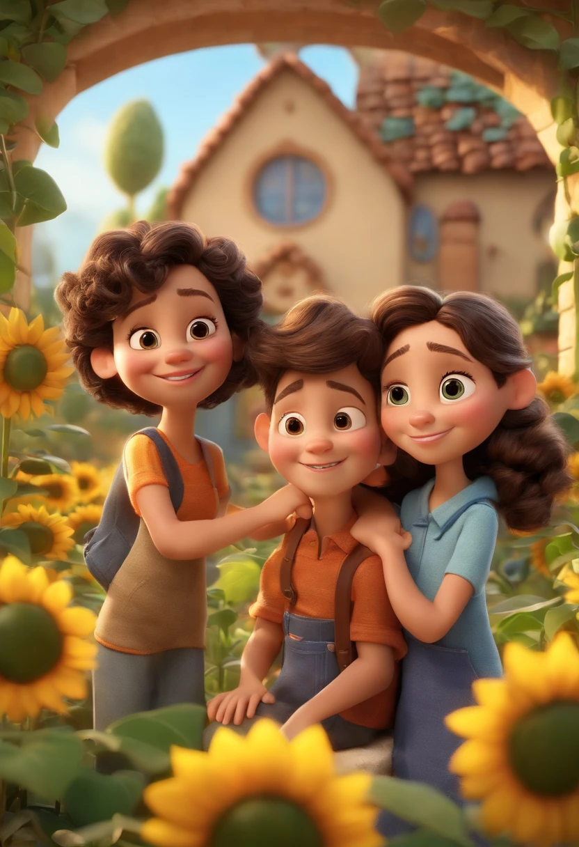 Create a Disney PIXAR-style 3D poster. ((centro da imagem, Triplets)), ((3 children)) ((1 menino no meio e 2 meninas ao lado, They're hugging each other, O menino tem pele castanha e cabelos castanhos escuros e olhos castanhos escuros, 1 menina tem pele clara, olhos e cabelos escuros e cacheados, e a outra menina tem pele morena, olhos escuros e cabelos escuros e lisos)) ((tudo isso no estilo Disney PIXAR 3D, In the background, A house of sunflowers, Gloria Studio, The garden is full of nature 3D render RTX clay material, estilo de design cartunesco, POP Mart, soft lighting, linhas suaves, Spring tilt, Detailed illustrations of PIXAR 3D, Detalhes hiper-realistas, cor quente no estilo Disney PIXAR 3D))