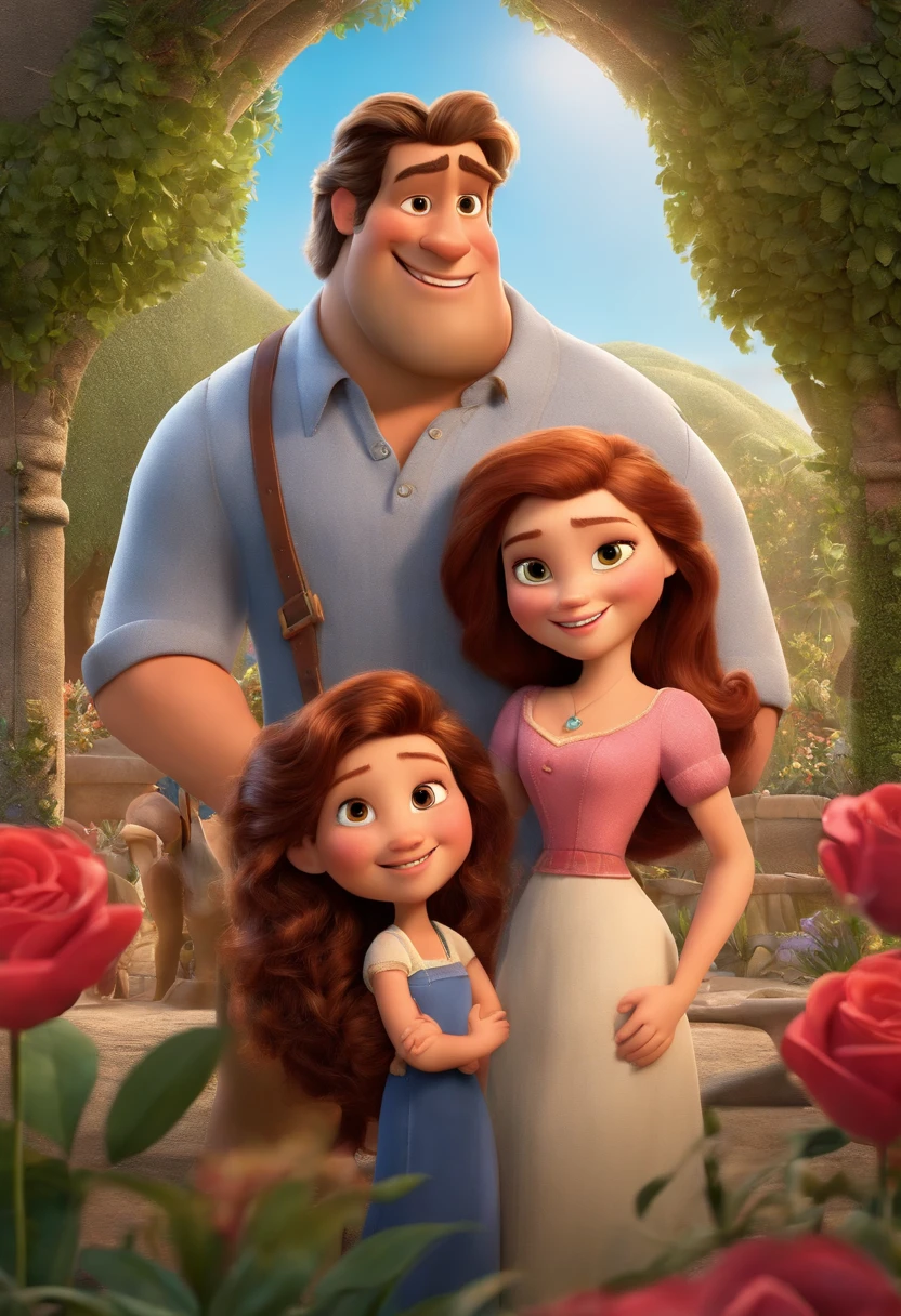 a Disney Pixar movie poster showing a white-skinned family. The father is the tallest, Tem barba curta, loiro, cabelos curtos e espinhosos. The mother has brown eyes and hair, shoulder-length and is slightly overweight. A menina tem 4 anos e cabelos castanhos, roupa rosa e rabos de cavalo. The background is a beach garden. 3D-rendering