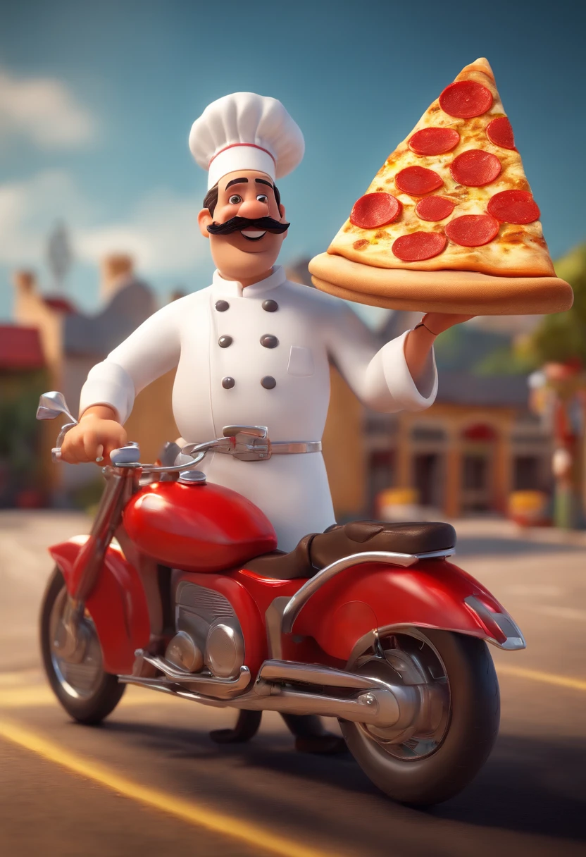 3D art pixar style of a mustachioed pizza chef with white clothes and red shawl and long chef's hat smiling with a pizza in his hand ready for delivery and in the other hand he has a mustache on top of a red motorbike and on his shoulder a yellow crab 3D game, lens fisheye, C4D, blender, octane rendering,