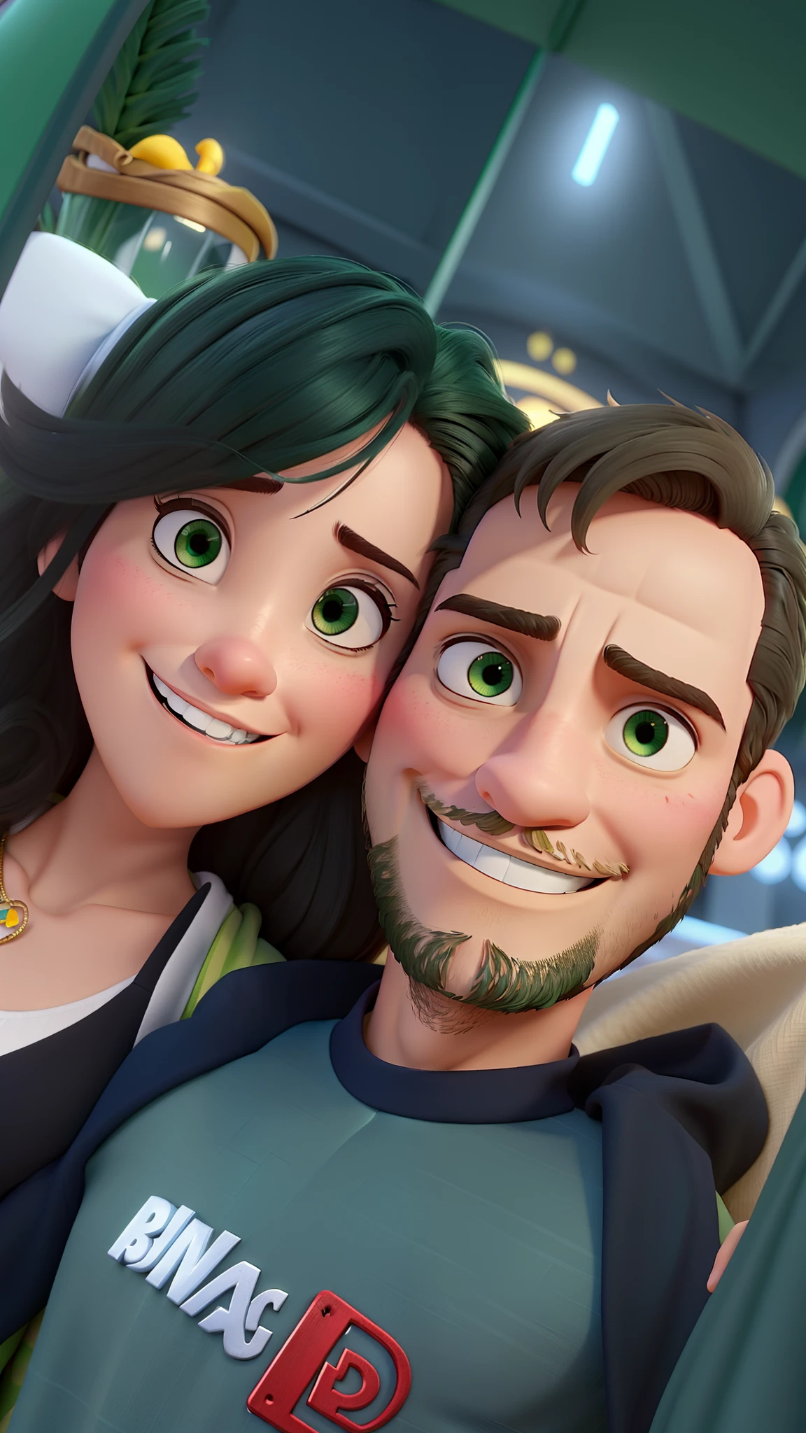 casal feliz homem branco com barba olhos verdes e mulher morena no estilo disney pixar, alta qualidade, melhor qualidade