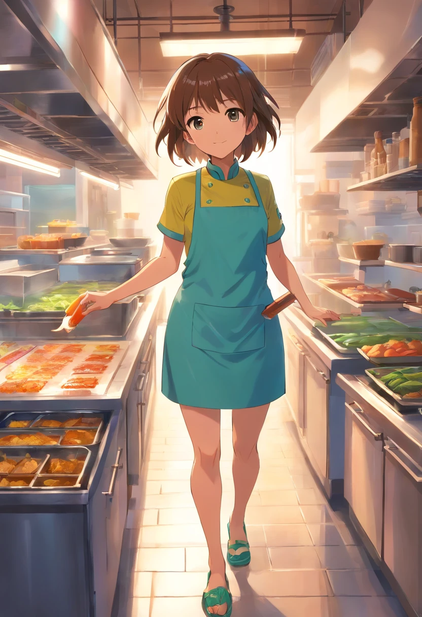 Sapo Vestindo roupa de chef de cozinha, Loading Popsicle, Anthropomorphic frog , intrincado trabalho de Griebles, Intustrial kitchen behind, corpo muscular, Muscular arms holding a popsicle, small head,boca com a lingua no picole, Ogro Monstruso, Titan, sapatos de couro, soft lighting, 32k ,hyper-realistic ,The background details are exquisite，The scene is surreal，Create a charming graphic style