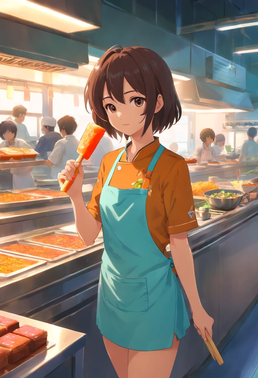 Sapo Vestindo roupa de chef de cozinha, Loading Popsicle, Anthropomorphic frog , intrincado trabalho de Griebles, Intustrial kitchen behind, corpo muscular, Muscular arms holding a popsicle, small head,boca com a lingua no picole, Ogro Monstruso, Titan, sapatos de couro, soft lighting, 32k ,hyper-realistic ,The background details are exquisite，The scene is surreal，Create a charming graphic style