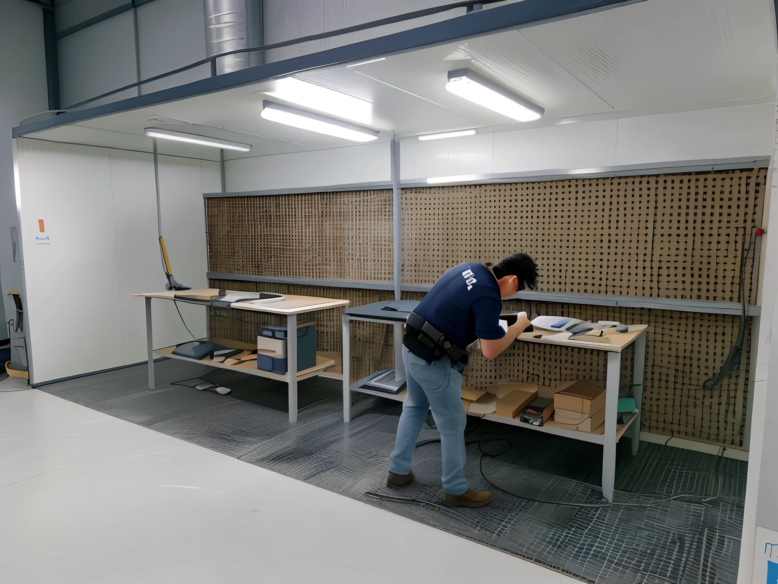 There's a man who's working at a desk in a room, em uma oficina, contendo mesas e paredes, oficina, technical, oficina colorida de parede branca, bancada, tredning on art station, Pequena Manufatura, maintenance area, maintenance photo, trabalho profissional, Doendo, in a factory, tranding on art station, illustration