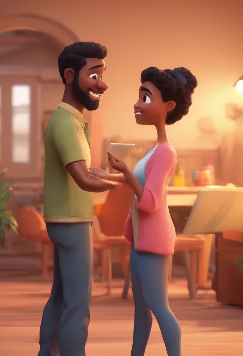 An illustration of an adorable couple, destacando um homem e uma mulher com bonito, Expressive eyes – the man's skin is black and the man's hair is bald and black, while the woman's skin is black and the woman's hair is curly and brown. They are a bright room, cada um com um sorriso no rosto, e compartilhar um momento especial caracterizado pelo amor, arroz, e insights educacionais. Illustrate this scene from a perspective where they are facing away from the camera, Showing Your Connection. Desenvolva esta arte em Full HD, Focus on your cinematic touch, Estilo Disney Pixar Animations