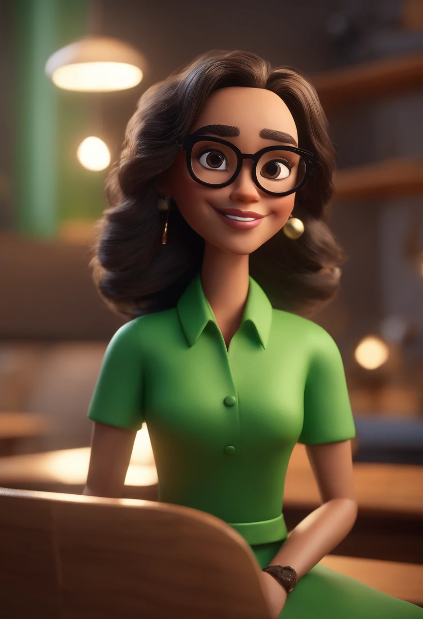 Cartoon character of a woman with black glasses and a green shirt, animation character, Caractere estilizado, animation style rendering, 3D estilizado, Arnold Maya render, 3 d render stylized, toon render keyshot, Personagem 3D, Personagem 3D, 3d rendering stylized, 3 d character render, personagem de desenho animado, Personagem de close up, Pose de personagem, (Estilo Pixar) (master part:1.2) (Bokeh) (best quality) (pele detalhada) (textura detalhada) (8k) (argila) (Cinematic lighting) (foco nítido