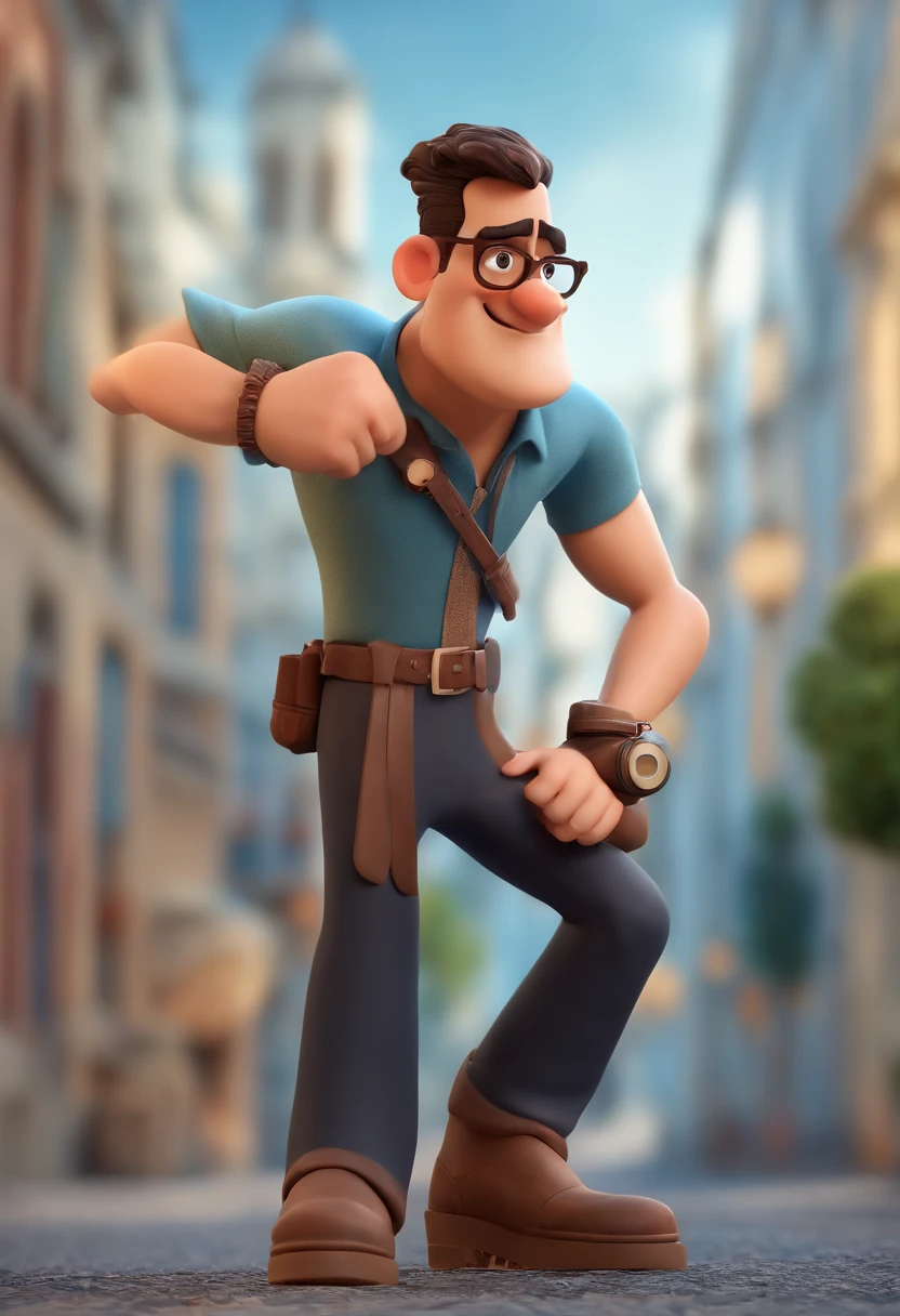 Cartoon character of a man wearing black glasses, Barba curta, cabelo curto e uma camisa azul, um personagem animado, Caractere estilizado, animation style rendering, 3D estilizado, Arnold Maya render, 3 d render stylized, toon render keyshot, Personagem 3D, Personagem 3D, 3d rendering stylized, 3 d character render, personagem de desenho animado, Personagem de close up, Pose de personagem, (Estilo Pixar) (master part:1.2) (Bokeh) (best quality) (pele detalhada) (textura detalhada) (8k) (argila) (Cinematic lighting) (foco nítido,Senta e vaza a parte superior do corpo
