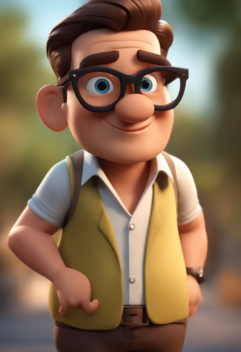 Cartoon character of a man wearing black glasses, Barba curta, cabelo curto  e uma camisa azul, um personagem animado, Caractere estilizado, animation style rendering, 3D estilizado, Arnold Maya render, 3 d render stylized, toon render keyshot, Personagem 3D, Personagem 3D, 3d rendering stylized, 3 d character render, personagem de desenho animado, Personagem de close up, Pose de personagem, (Estilo Pixar) (master part:1.2) (Bokeh) (best quality) (pele detalhada) (textura detalhada) (8k) (argila) (Cinematic lighting) (foco nítido，Senta e vaza a parte superior do corpo