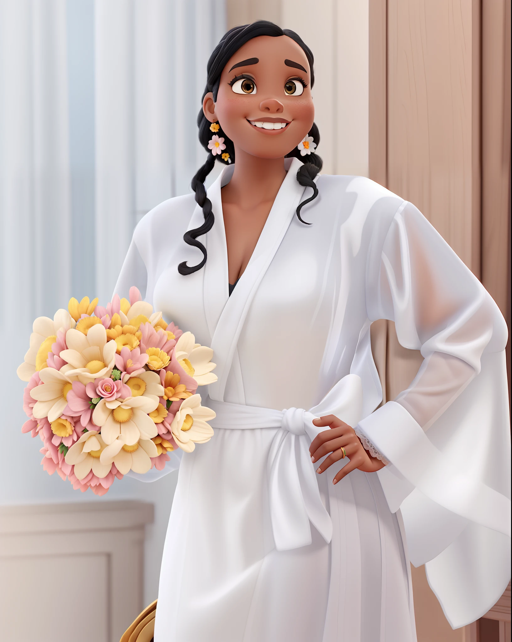 A black Disney Pixar style woman dressed in a robe and bouquet of flowers in her hand