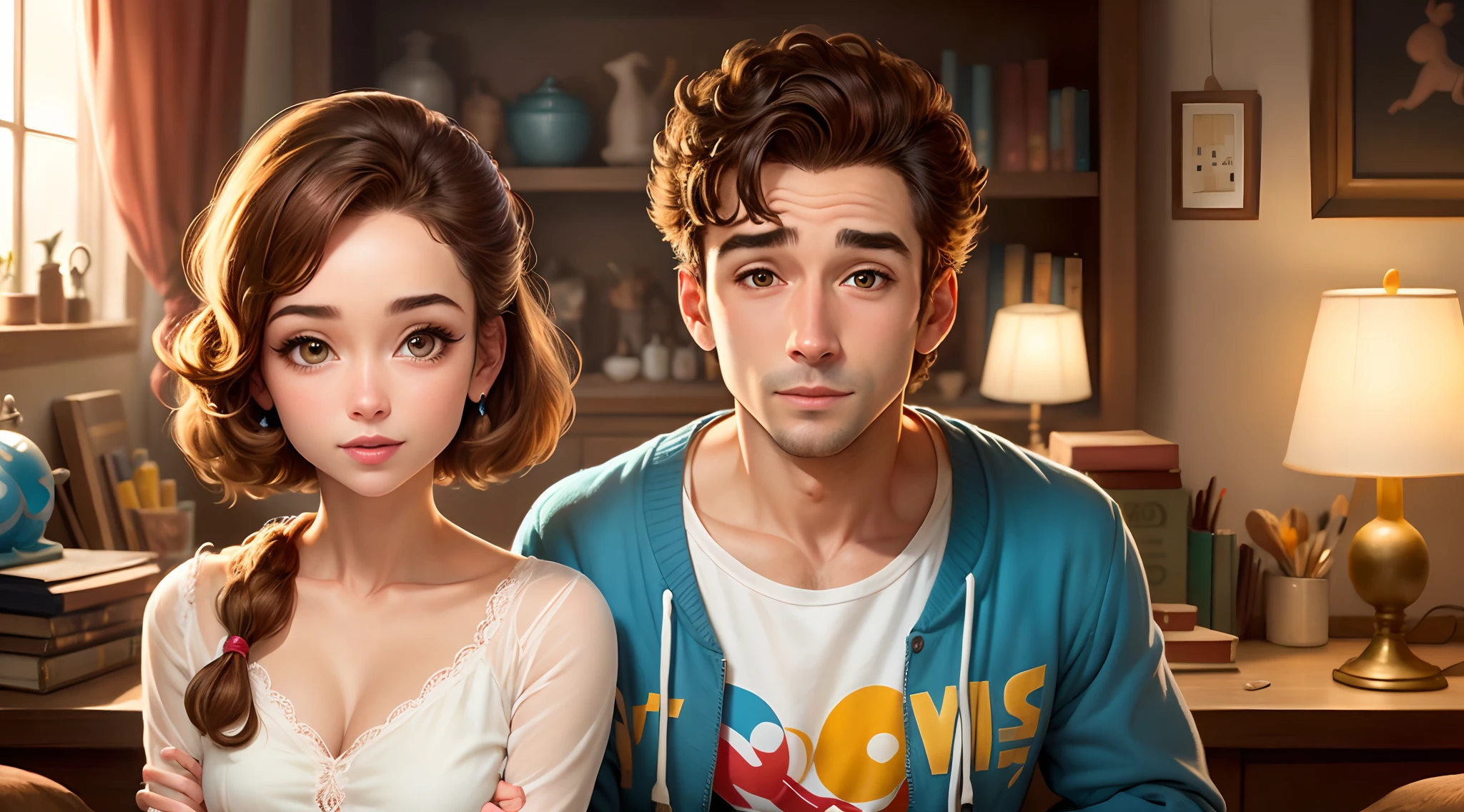 casal homem careca sem barba e mulher com cabelo cacheado e com uma menina no colo no estilo Disney Pixar, alta qualidade, melhor qualidade