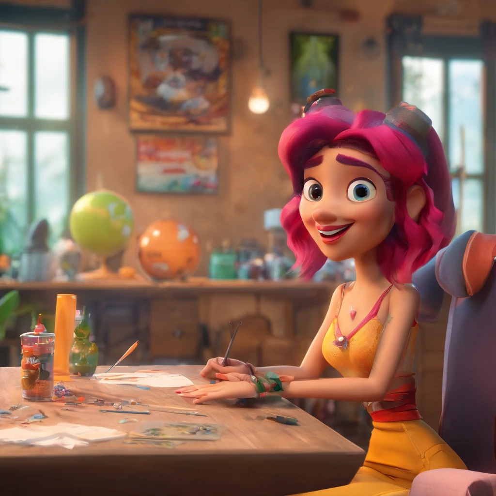 create a 3D movie poster inspired by Disney Pixar, The scene should be in Pixar's signature digital art style, com uma imagem caricatural que lembra a cantora brasileira "Anita" in the prone position, Wearing a bikini while a tattoo artist is sitting tattooing with a giant ring on one hand, inside a tattoo parlor.