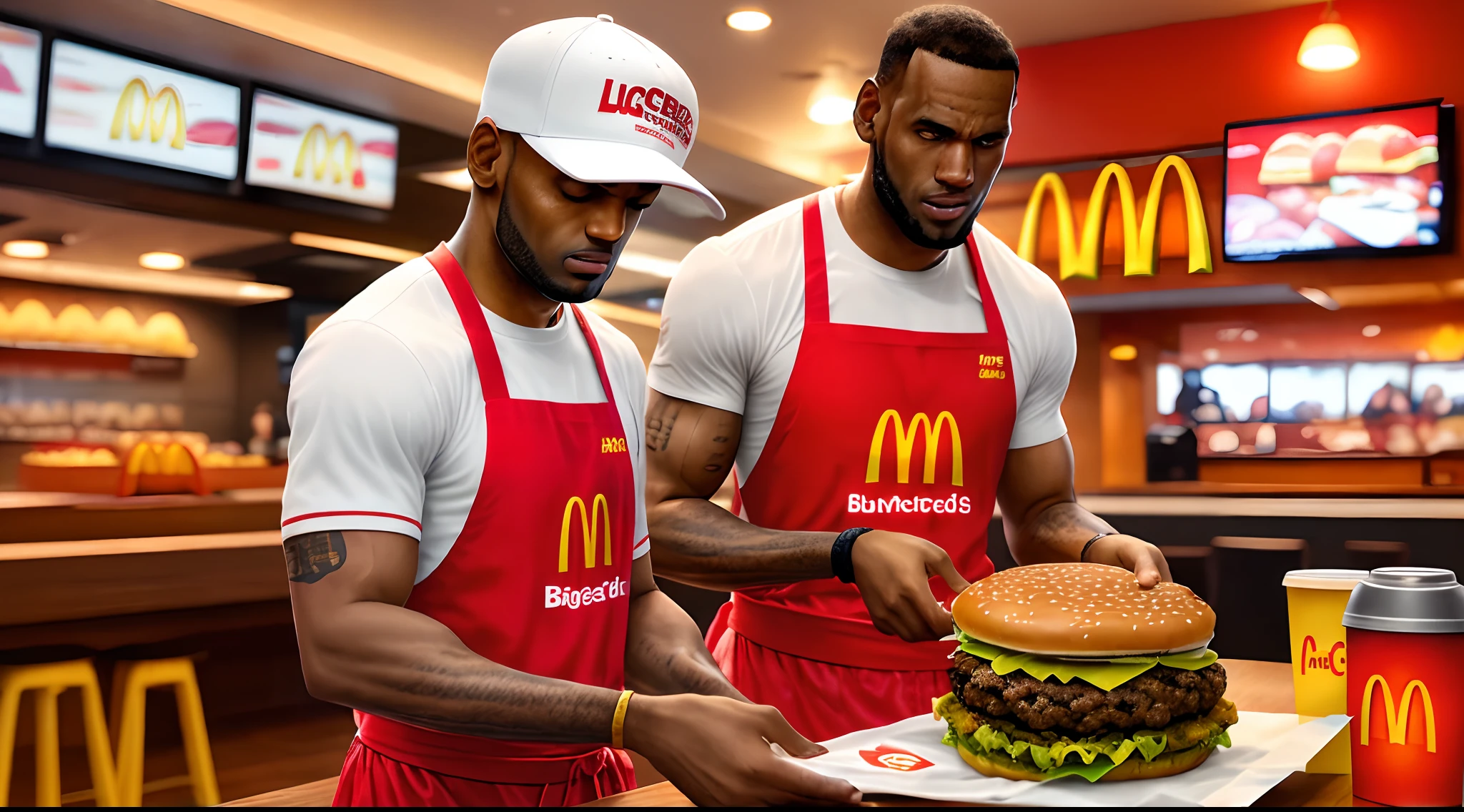 "Stephen Curry and LeBron James are portrayed as McDonald's workers, standing side by side in front of a sizzling grill. Both are wearing United States-themed shirts with the American flag subtly incorporated into the design. Curry, with his signature focused expression, flips burgers with precision, while LeBron, towering beside him, handles the fries with a confident smile. The background reveals a bustling McDonald's kitchen, complete with shiny stainless-steel equipment, stacks of buns, and the warm glow of the grill. The scene is a playful blend of sports and everyday life, capturing the iconic athletes in an unexpected, humorous setting.