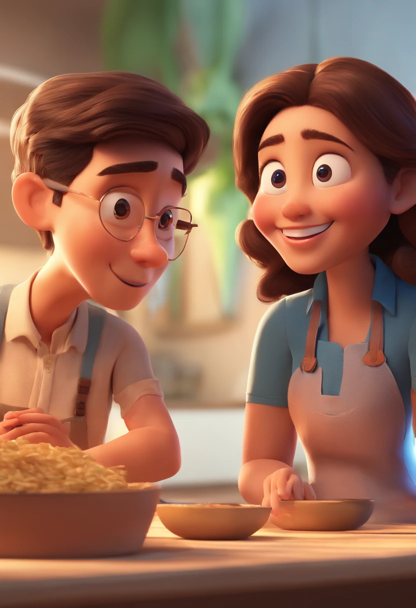 An illustration of an adorable couple, destacando um homem e uma mulher com bonito, Expressive eyes – the man's skin is black and the man's hair is bald and black, while the woman's skin is black and the woman's hair is curly and brown. They are a bright room, cada um com um sorriso no rosto, e compartilhar um momento especial caracterizado pelo amor, arroz, e insights educacionais. Illustrate this scene from a perspective where they are facing away from the camera, Showing Your Connection. Desenvolva esta arte em Full HD, Focus on your cinematic touch, Estilo Disney Pixar Animations