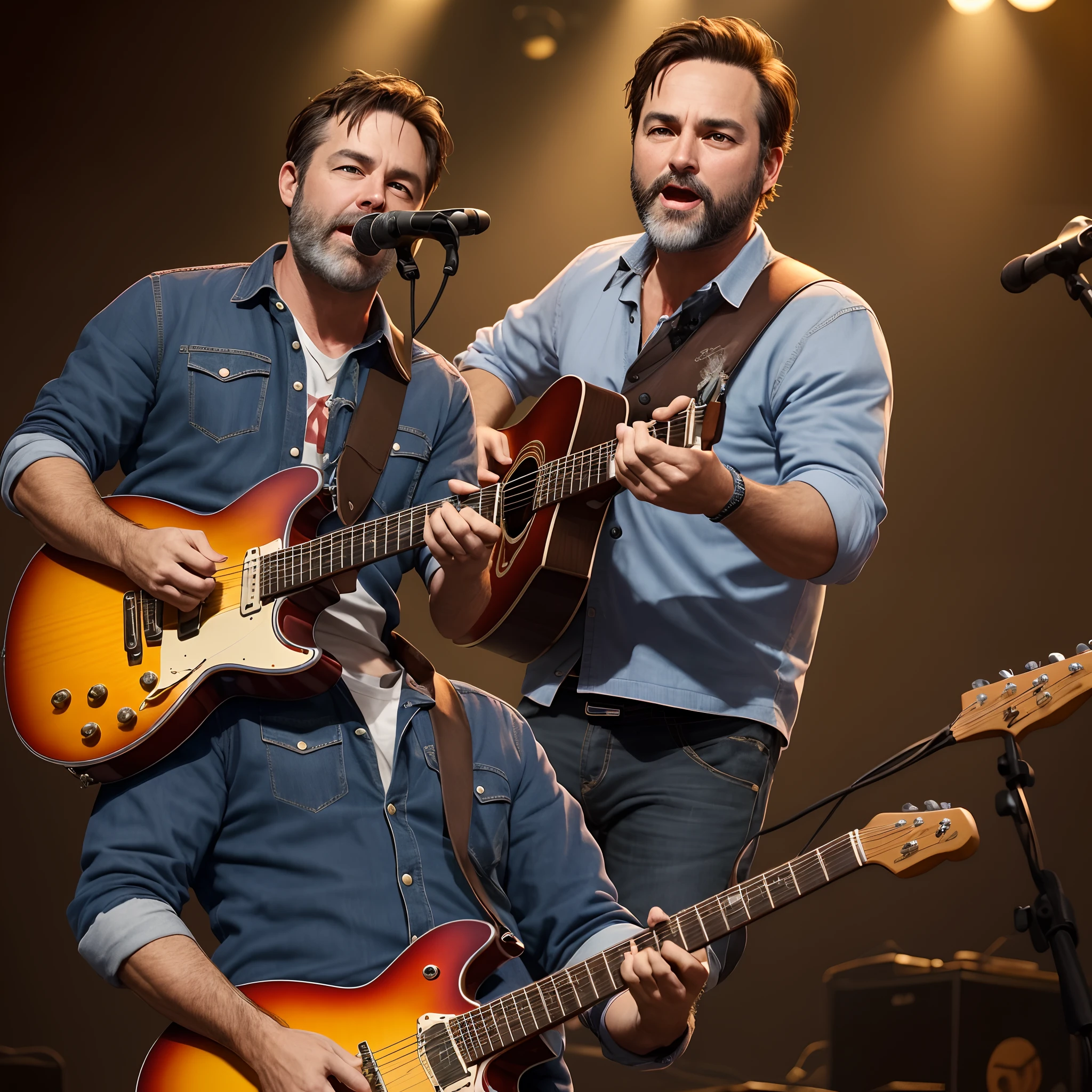 43-year-old man, short wavy dark brown hair, blue eyes, thin beard, playing guitar in the style of pixar