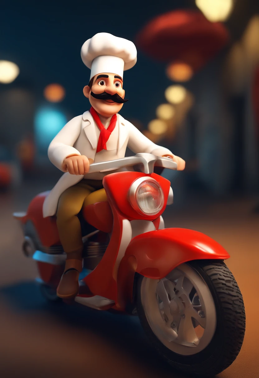 3D art pixar style of a mustachioed pizza chef with white clothes and red shawl and long chef's hat smiling with a pizza in his hand ready for delivery and in the other hand he has a mustache on top of a red motorbike and on his shoulder a yellow crab 3D game, lens fisheye, C4D, blender, octane rendering,