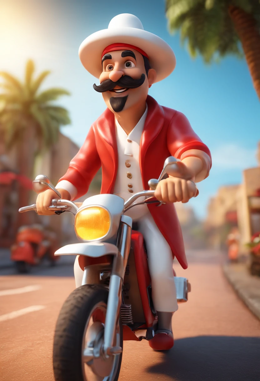 3D art pixar style of a mustachioed pizza chef with white clothes and red shawl and long chef's hat smiling with a pizza in his hand ready for delivery and in the other hand he has a mustache on top of a red motorbike and on his shoulder a yellow crab 3D game, lens fisheye, C4D, blender, octane rendering,