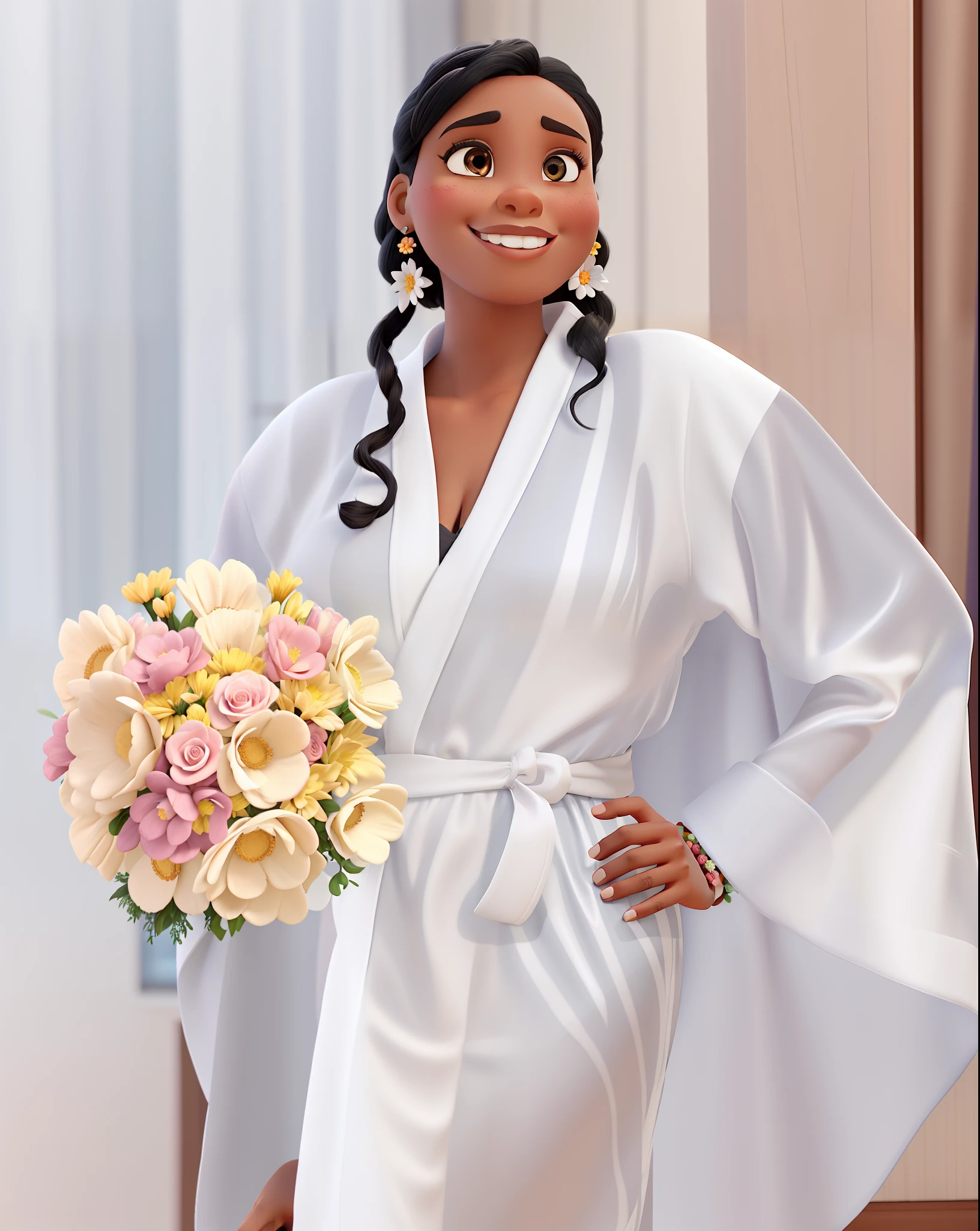 A black Disney Pixar style woman dressed in a robe and bouquet of flowers in her hand