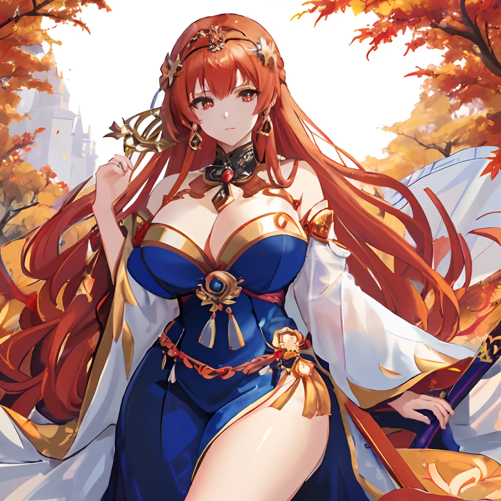 a close up of a woman in a costume with a sword, autumnal empress, goddess of autumn, anime goddess, ((a beautiful fantasy empress)), a beautiful fantasy empress, beautiful alluring anime woman, ayaka genshin impact, red haired goddess, the goddess of autumn harvest, seductive anime girl, beautiful maiden, ayaka game genshin impact