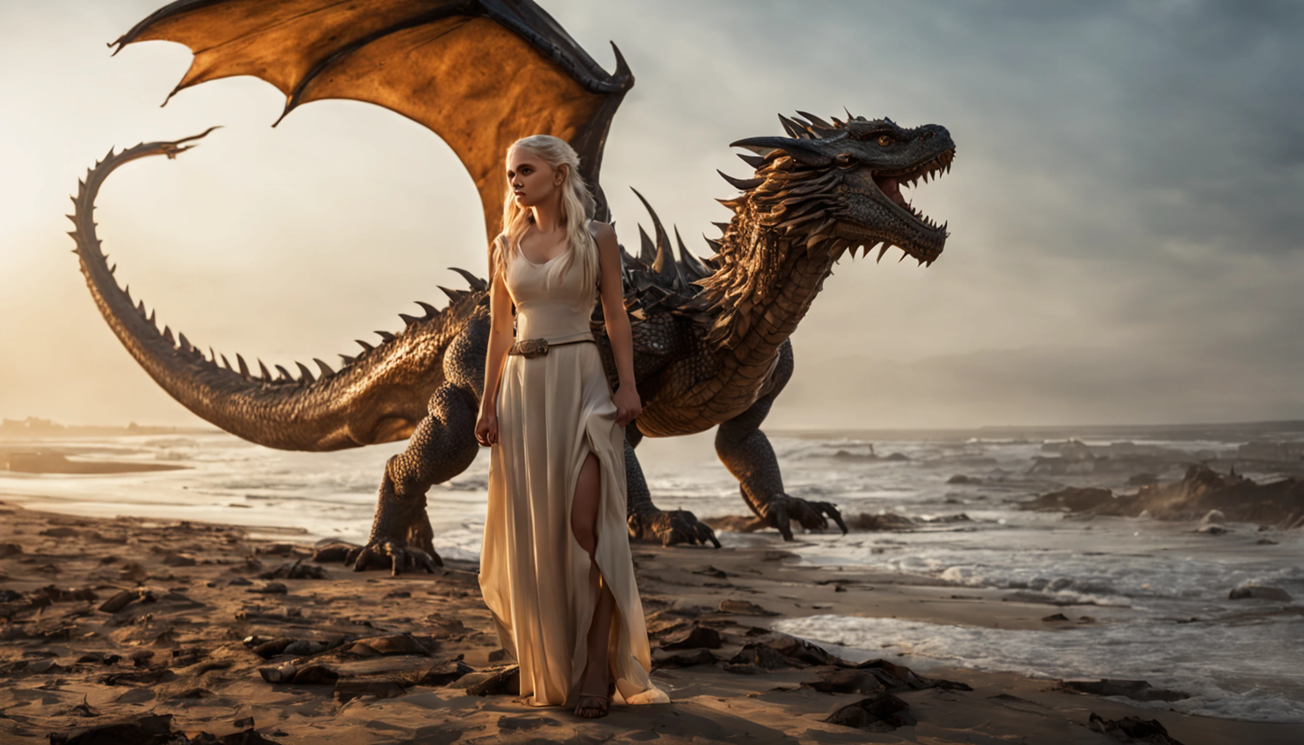 foto hiper real de [Daenerys Targaryen|Emily Clark] Bring pets (Dragoned:1.1), Beautiful, sexy, 1 Girl with the dragon, loiro, Close-up, close-up extremo, Realistic proportions, alunos realistas, Firecake Dragon, paleta limitada, A high resolution, absurdos, Cinematic lighting, 8K resolution, frontlighting, HDR, nascer do sol, Foto RAW, Nikon 85mm, Premiados, Fotos glamourosas, extremamente detalhado, Beautiful Ukrainian language, Curvatura da mente, Nott Edith, (tampo azul:0.6),
