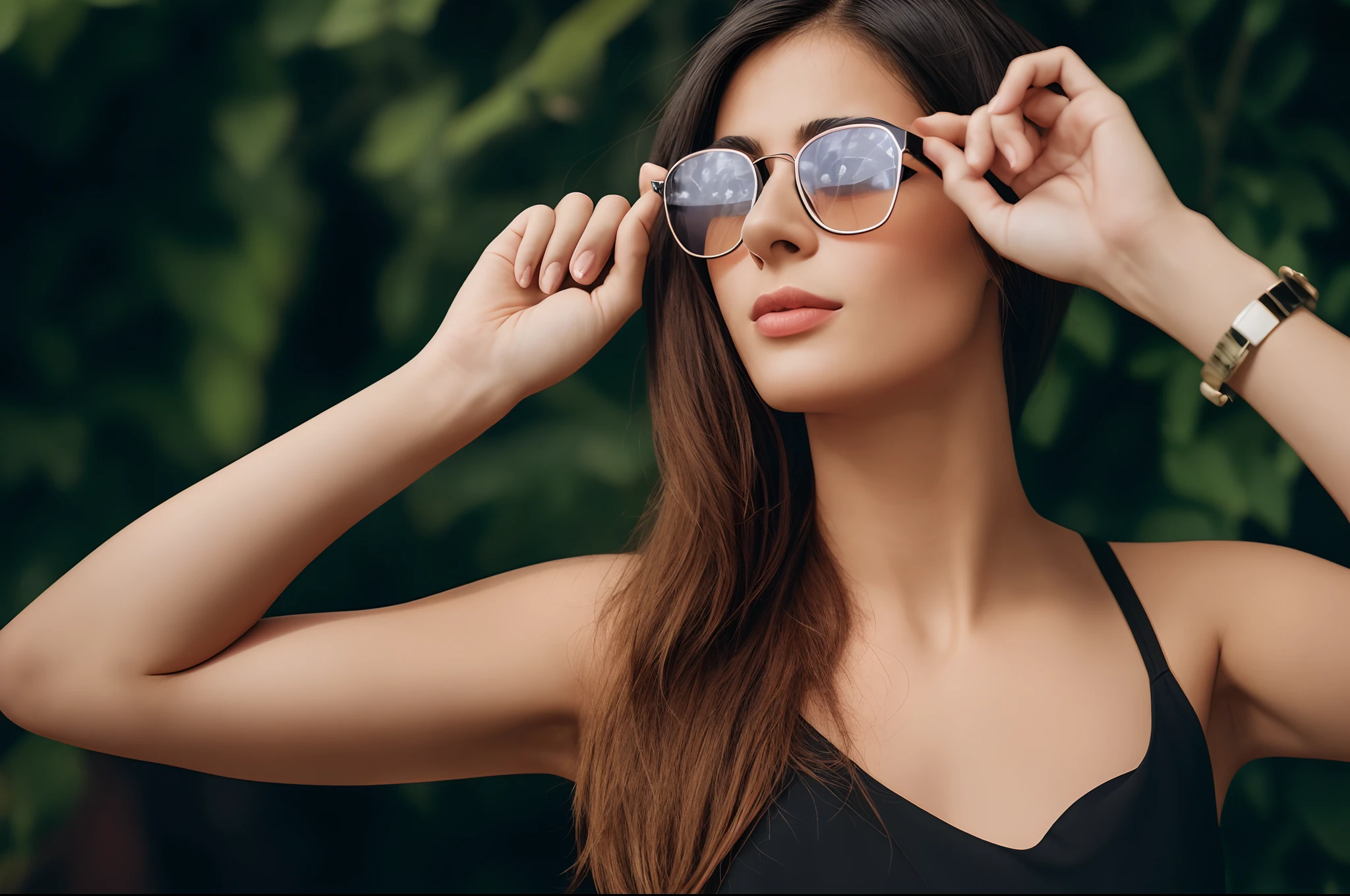 Araffe woman in a black dress and sunglasses posing for a photo, girl with glasses, woman with rose tinted glasses, wearing black frame glasses, glasses without frames, wearing black rimmed glasses, wearing mirrored sunglasses, wearing square glasses, black-rimmed glasses, girl wearing round glasses, With eye Glasses, thick glasses, with square glasses, wearing thin large round glasses