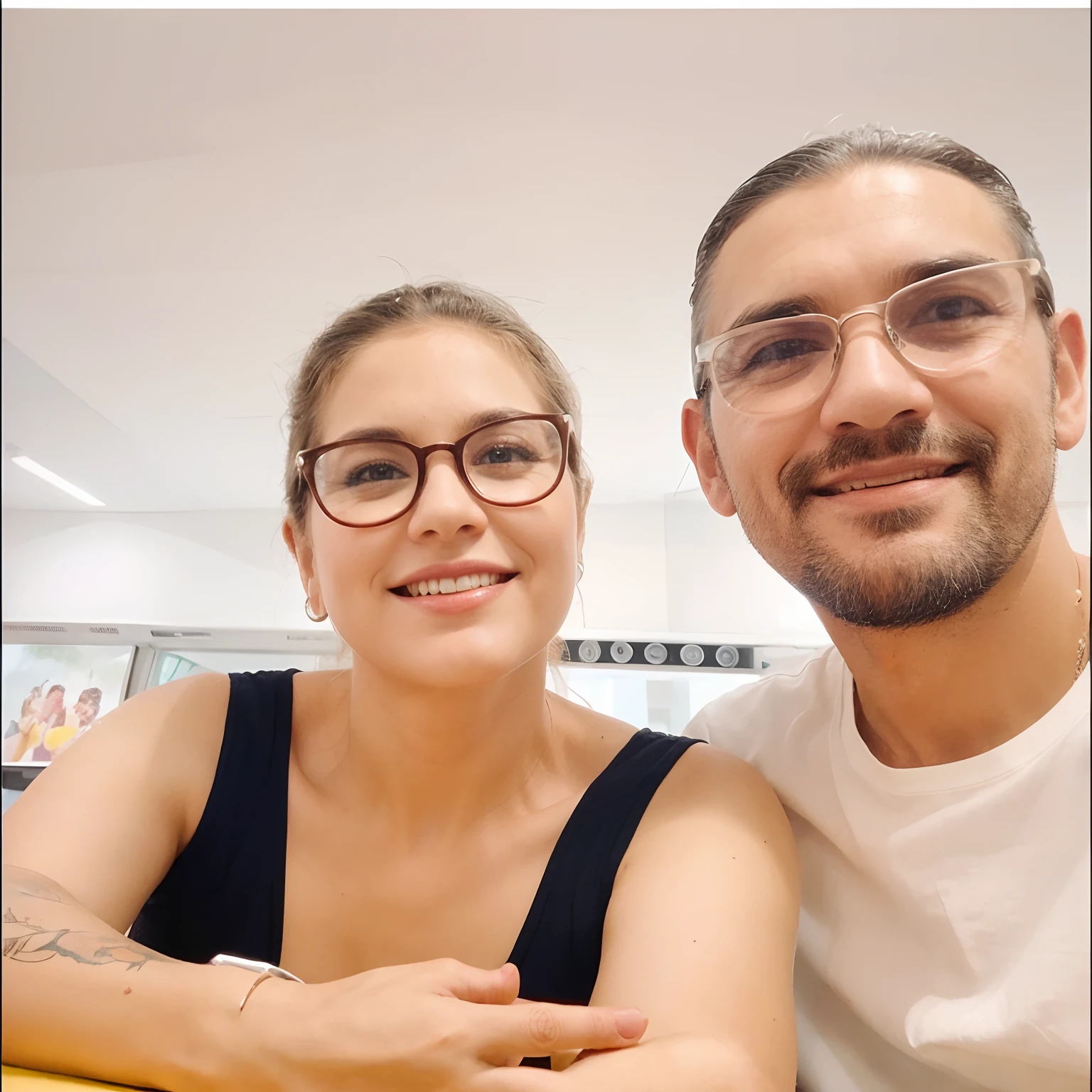Casal, Homem moreno, cabelo grisalho, barba curta, Glasses for Myopia and White Woman, cabelos castanho, felizes, estilo Disney pixar 3D, melhor qualidade, alta qualidade