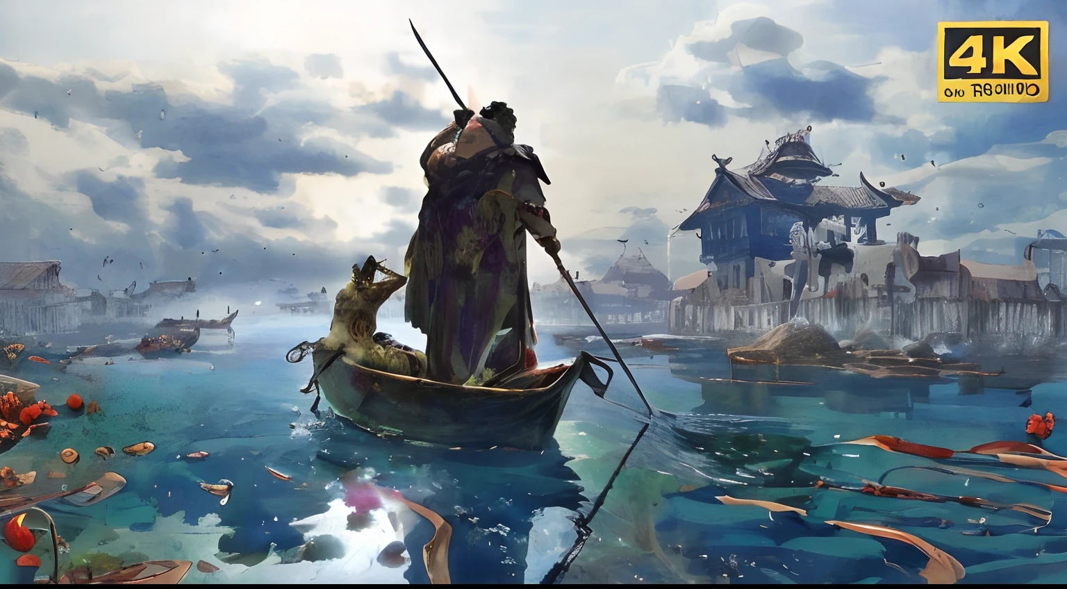 Image of a man on a boat with a dog in the water, arte do jogo de capa, arte conceitual altamente realista, paper awesome wallpaper, detailed game art illustration, Ross Tran e Michael Whelan, arte da capa do jogo, estilo craig mullins, Directed by: Krzysztof Boguszewski, Ismail Inceoglu e Ruan Jia, Estilo de Raphael Lacoste
