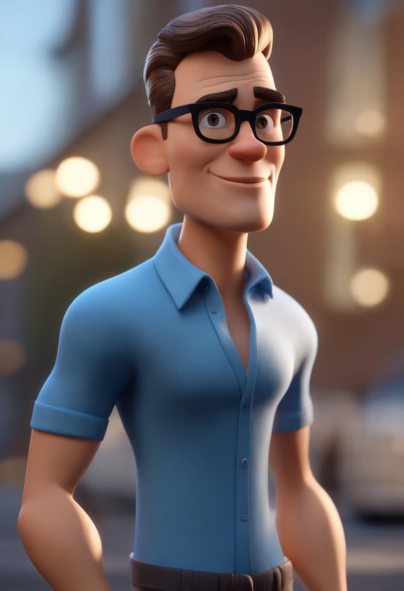 Cartoon character of a man wearing black glasses and a blue shirt, um personagem animado, Caractere estilizado, animation style rendering, 3D estilizado, Arnold Maya render, 3 d render stylized, toon render keyshot, Personagem 3D, Personagem 3D, 3d rendering stylized, 3 d character render, personagem de desenho animado, Personagem de close up, Pose de personagem, (Estilo Pixar) (master part:1.2) (Bokeh) (best quality) (pele detalhada) (textura detalhada) (8k) (argila) (Cinematic lighting) (foco nítido,Senta e vaza a parte superior do corpo