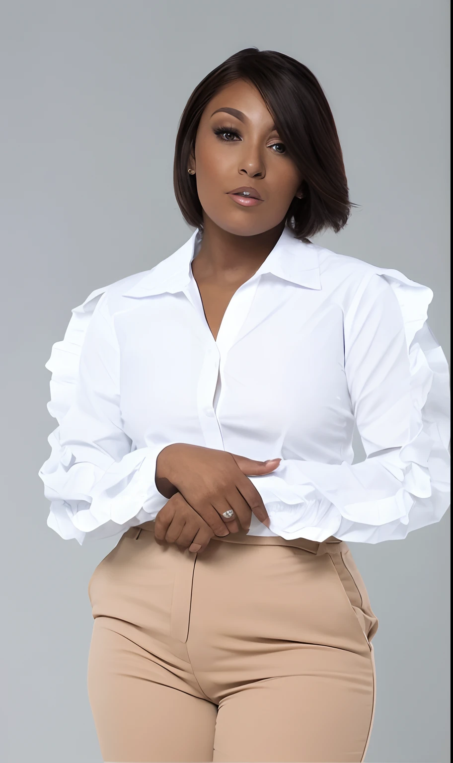 A woman in a white shirt and tan pants posing for a photo, vestido com camisa branca, wearing a white button up shirt, vestindo camisa branca, vestindo uma blusa branca, vestindo uma camisa branca, usando uma blusa, blusa branca, camisa branca fina, camisa regal de babados ornamentada, camisa branca, mangas bufantes, camisa enrugada branca, Retrato no meio da foto