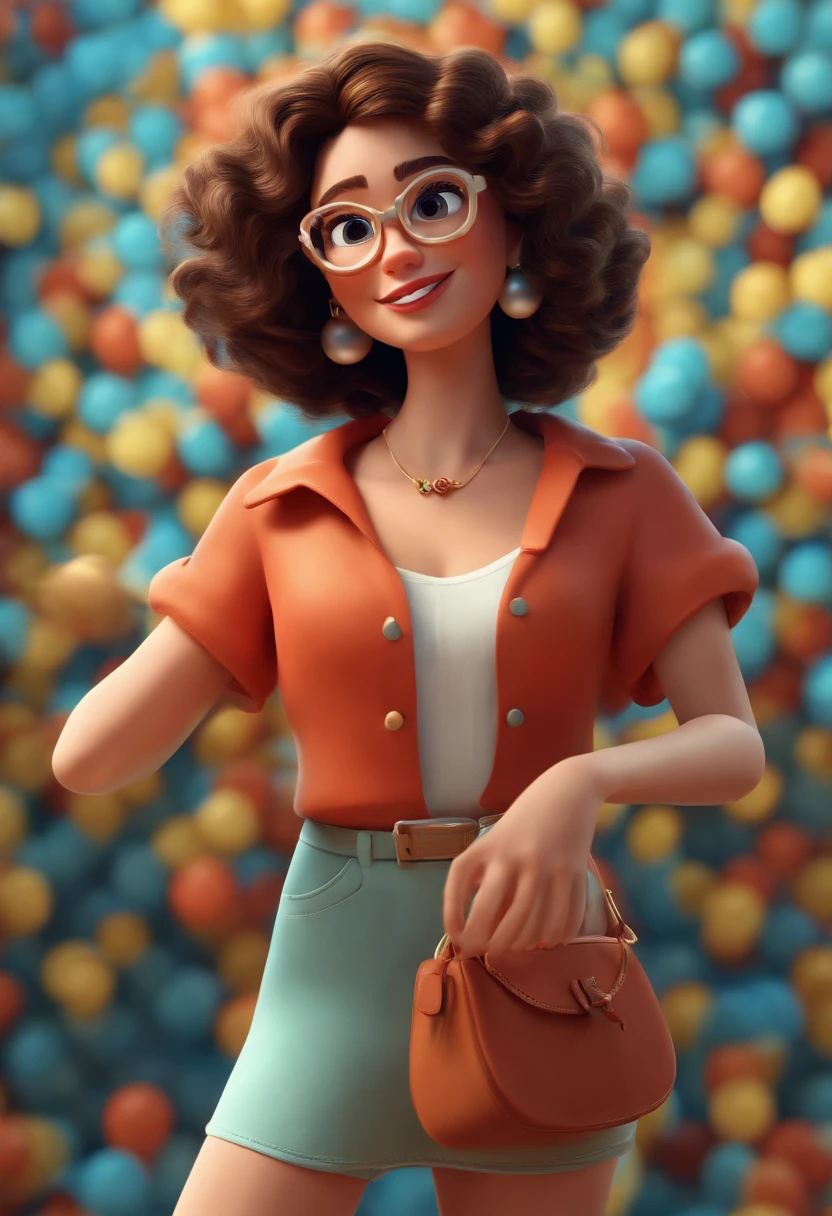 Pixar style image with 3D character white glasses brunette woman short curly hair dancing, Maquiagem Disney,Pescador, bonitinho, sorridente ,Close-up, Pixar, Disney, Cinema lighting, olhos esverdeados, oculos retangular