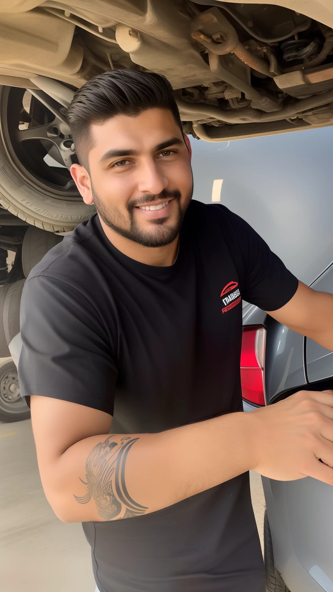 Man in black shirt working in a car underneath a vehicle, Mechanicalgirl, old charismatic mechanic, foto comercial, Sam Nassour, taken in the early 2020s, Brian Pulido, imagem profissional, tomada em 2 0 2 0, 1614572159, David Villegas, Joel Torres, Tiago Zapata