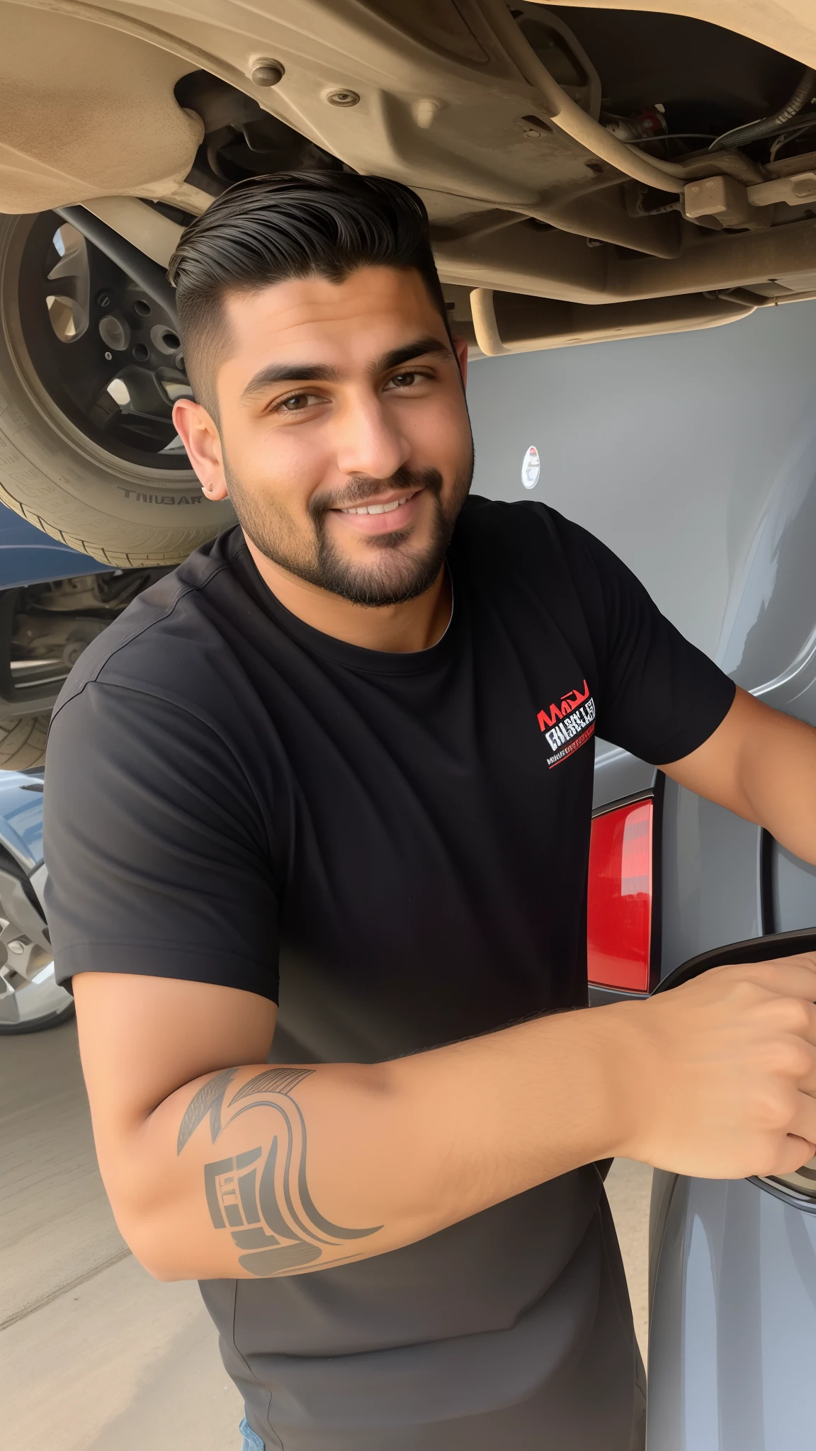 Man in black shirt working in a car underneath a vehicle, Mechanicalgirl, old charismatic mechanic, foto comercial, Sam Nassour, taken in the early 2020s, Brian Pulido, imagem profissional, tomada em 2 0 2 0, 1614572159, David Villegas, Joel Torres, Tiago Zapata