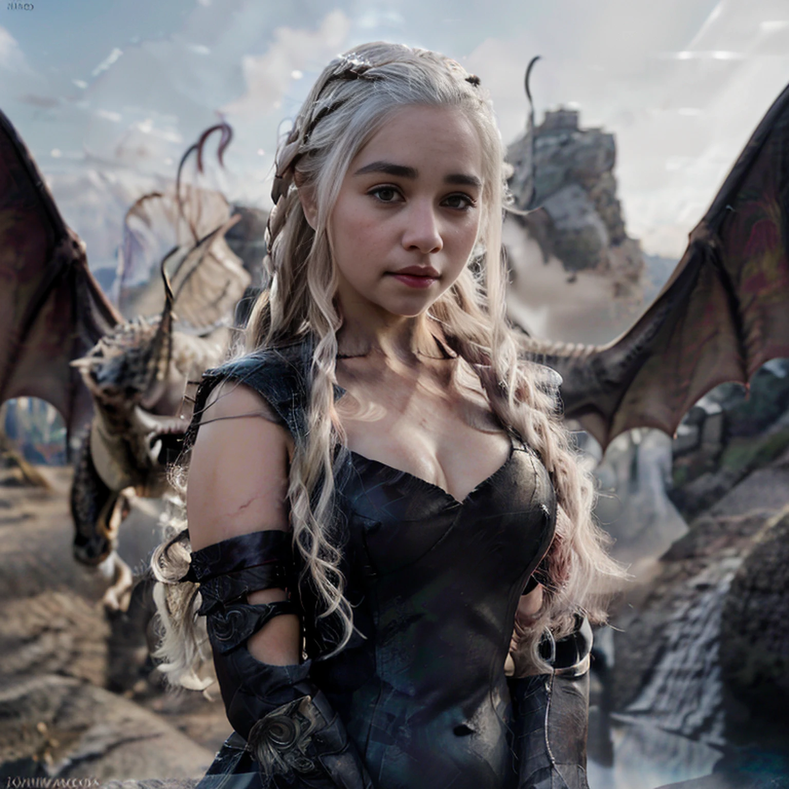 foto hiper real de [Daenerys Targaryen|Emily Clark] Bring pets (Dragoned:1.1), Beautiful, sexy, 1 Girl with the dragon, loiro, Close-up, close-up extremo, Realistic proportions, alunos realistas, Firecake Dragon, paleta limitada, A high resolution, absurdos, Cinematic lighting, 8K resolution, frontlighting, HDR, nascer do sol, Foto RAW, Nikon 85mm, Premiados, Fotos glamourosas, extremamente detalhado, Beautiful Ukrainian language, Curvatura da mente, Nott Edith, (tampo azul:0.6),