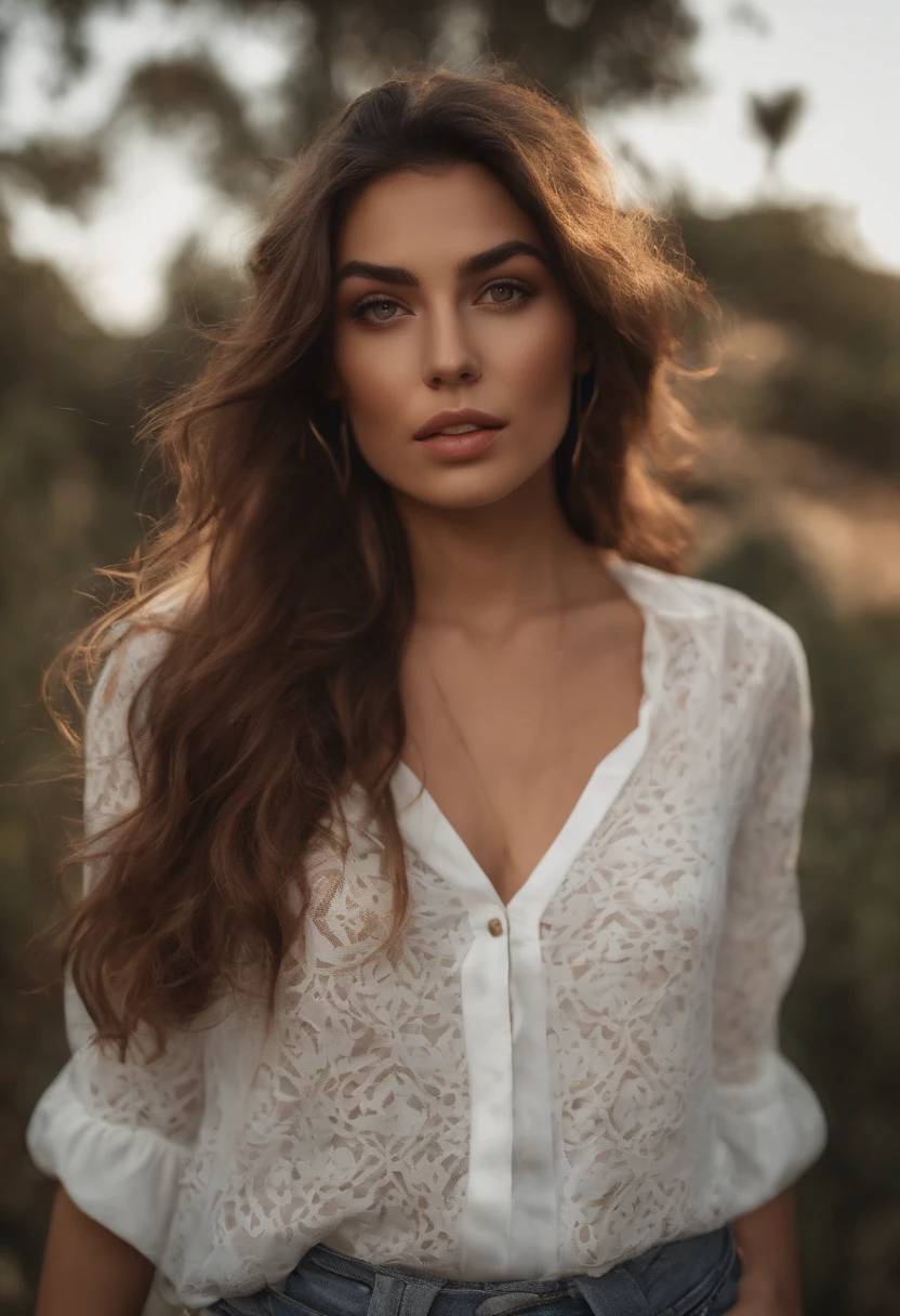 ((Melhor qualidade, 8k, Obra-prima: 1.3)), foco nítido: 1.2, Uma mulher bonita (brasileira) com corpo perfeito: 1.4, deusa: 1.2, ((Corte de cabelo em camadas, Seios grandes: 1.2)), (no-bra) (Mamilo duro pequeno e bonito) (Thin, damp button up to shirt length: 1.1), Rosto altamente detalhado e textura da pele, Olhos detalhados, Double eyelidm, pele bronzeada, sexy, bronzeado, pele perfeita, ombros expostos, clivagem, na rua