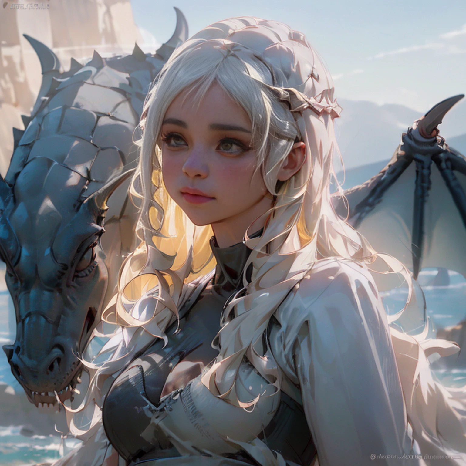 foto hiper real de [Daenerys Targaryen|Emily Clark] Bring pets (Dragoned:1.1), Beautiful, sexy, 1 Girl with the dragon, loiro, Close-up, close-up extremo, Realistic proportions, alunos realistas, Firecake Dragon, paleta limitada, A high resolution, absurdos, Cinematic lighting, 8K resolution, frontlighting, HDR, nascer do sol, Foto RAW, Nikon 85mm, Premiados, Fotos glamourosas, extremamente detalhado, Beautiful Ukrainian language, Curvatura da mente, Nott Edith, (tampo azul:0.6),