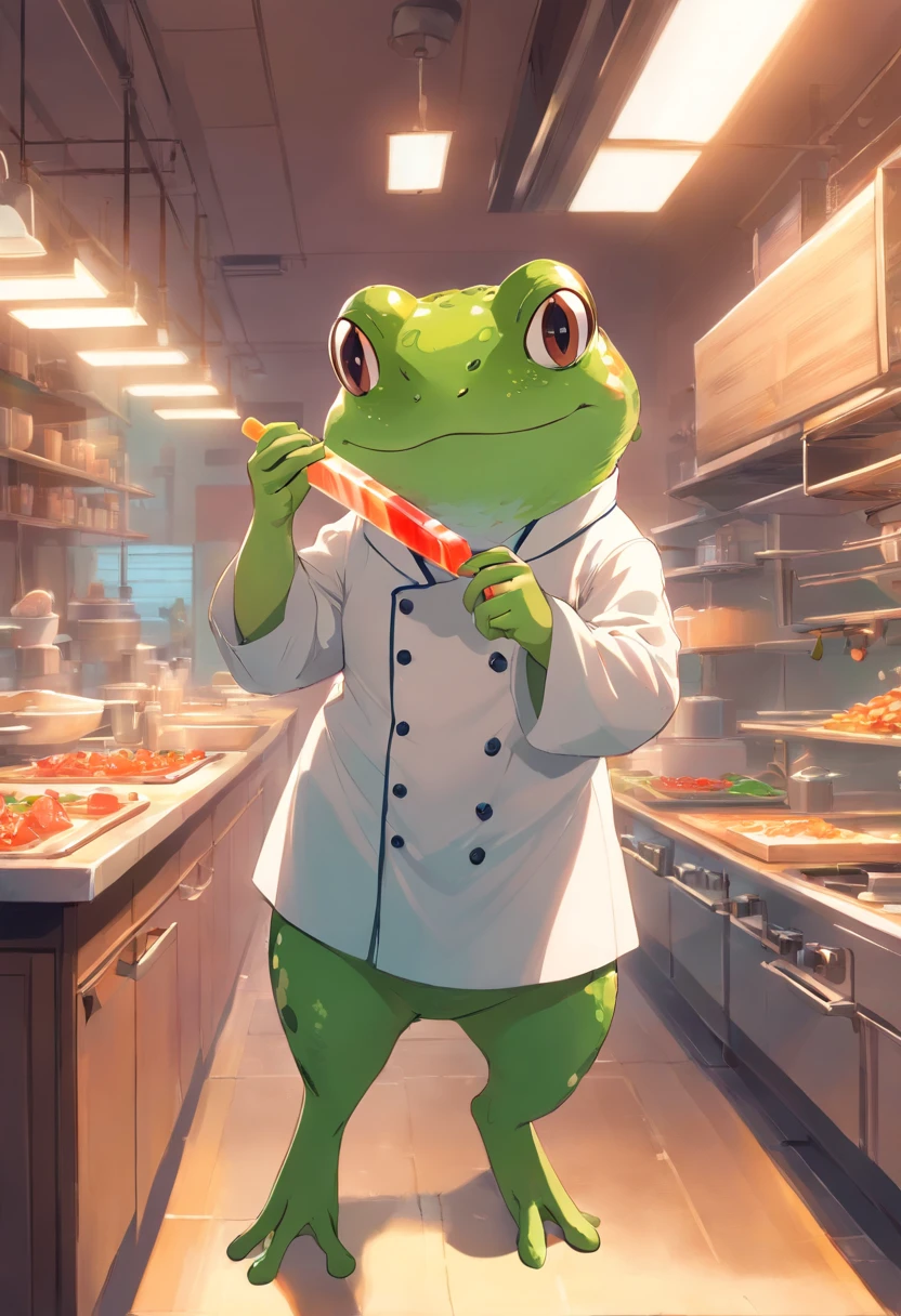 Anthropomorphic Frog Wearing Chef Outfit, Loading Popsicle, intrincado trabalho de Griebles, Intustrial kitchen behind, corpo de sapo muscular, Muscular arms holding a popsicle, small head, Ogro Monstruso, Titan, soft lighting, 32k ,hyper-realistic ,The background details are exquisite,The scene is surreal,Create a charming graphic style