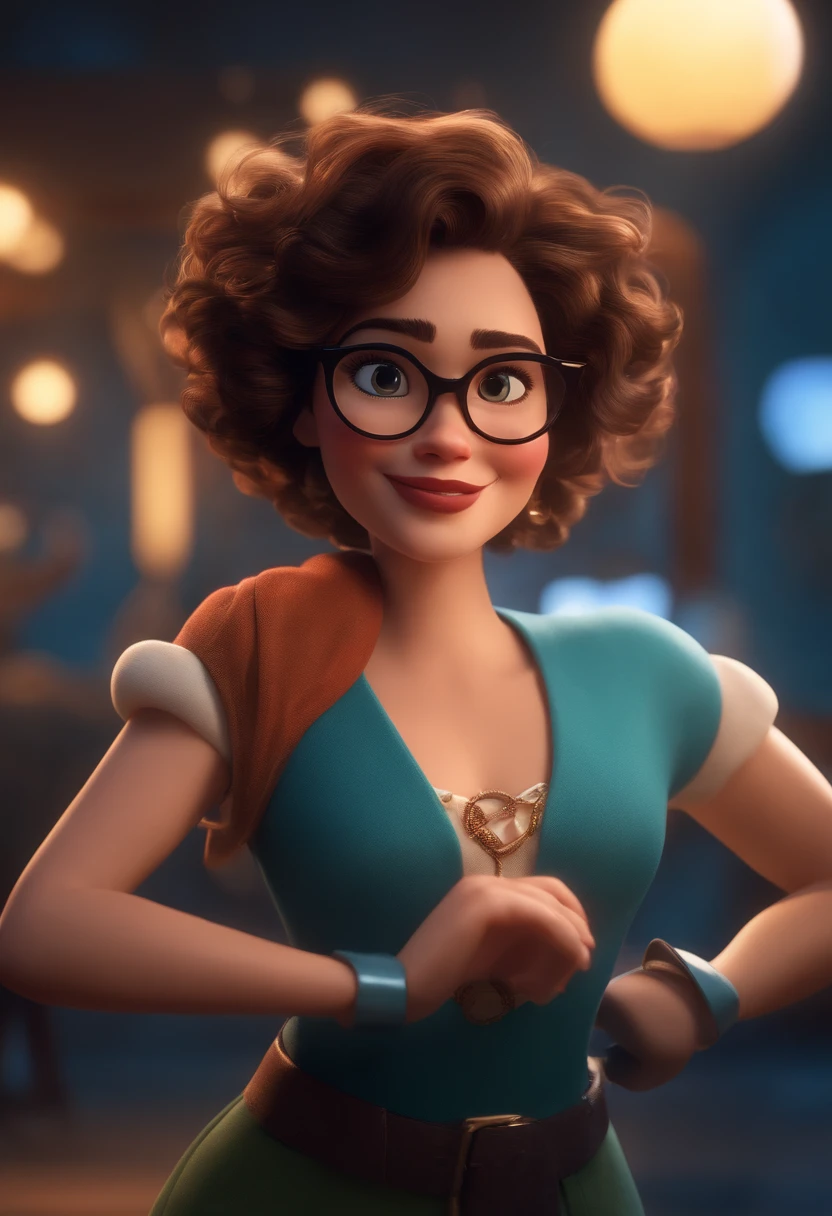 Pixar style image with 3D character white glasses brunette woman short curly hair dancing, Maquiagem Disney,Pescador, bonitinho, sorridente ,Close-up, Pixar, Disney, Cinema lighting,