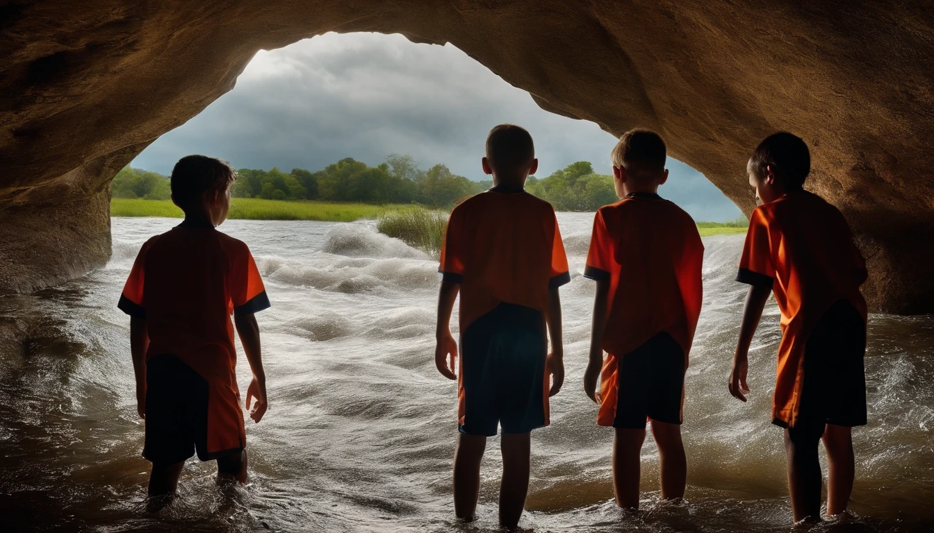 youth male soccer team (kids) trapped inside a dark cave with flooding waters