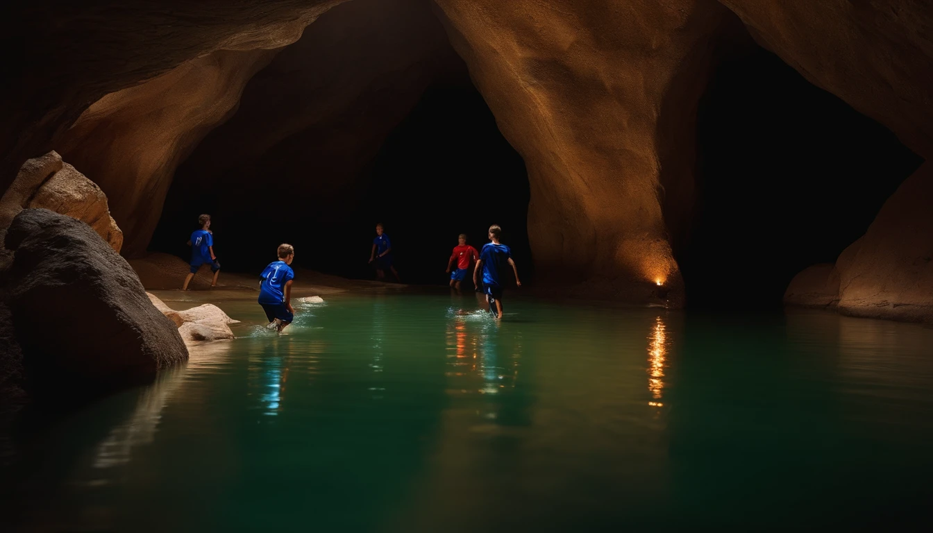 youth male soccer team (kids) trapped inside a dark cave with flooding waters